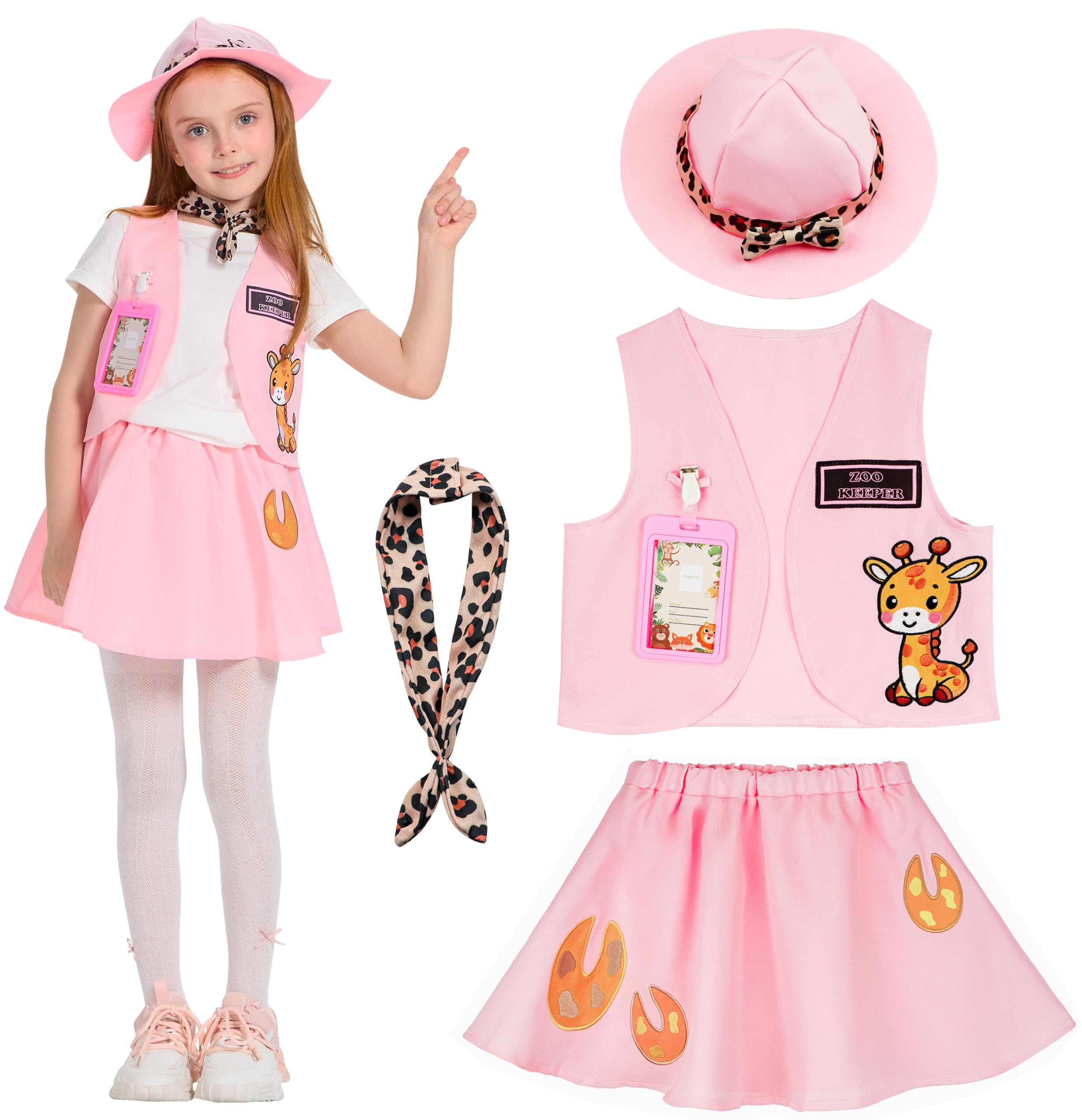 IKALI Girls Explorer Costume, 4 Pcs Safari Vest Skirt Scarf Hat Jungle Kit for Kids Zoo Keeper Outfit Adventure 4-6Y
