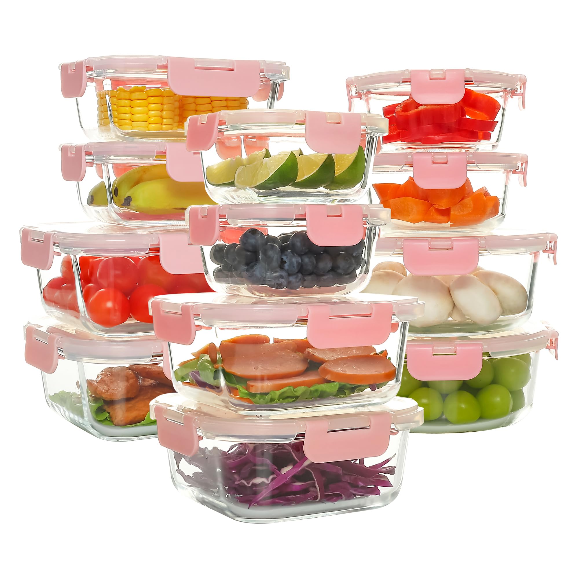 C CREST12 Pack Premium Glass Locking Lids Storage Containers Set, Mix of Shapes and Sizes for Meal Prep and Versatile Use