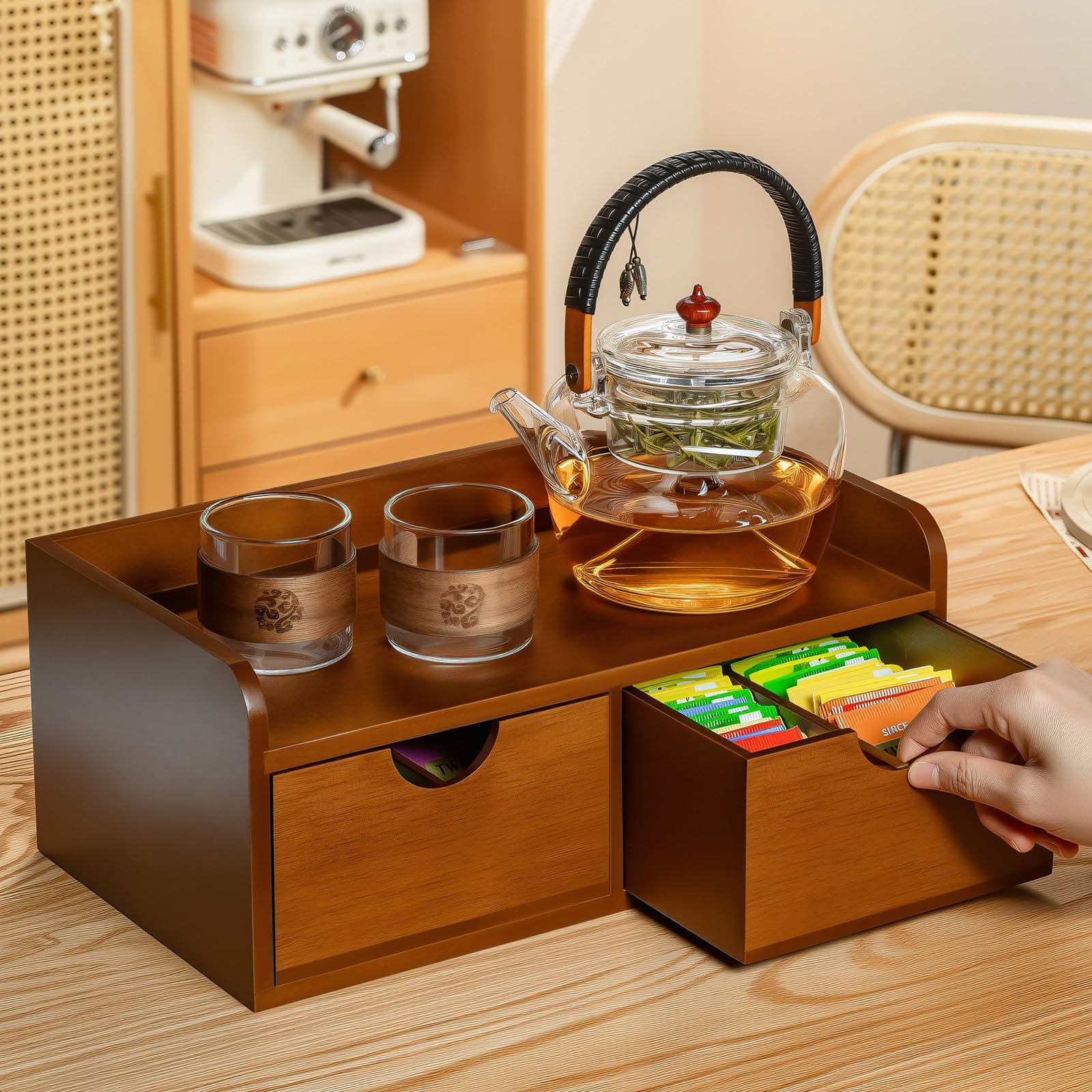 Teebeutel-Organizer aus Akazienholz, Tee-Organizer und Aufbewahrungsbox, Teebeutelhalter mit Schublade, Teestation, Truhe für Arbeitsplatte, Küche, Büro, Kaffeekapsel-Organizer