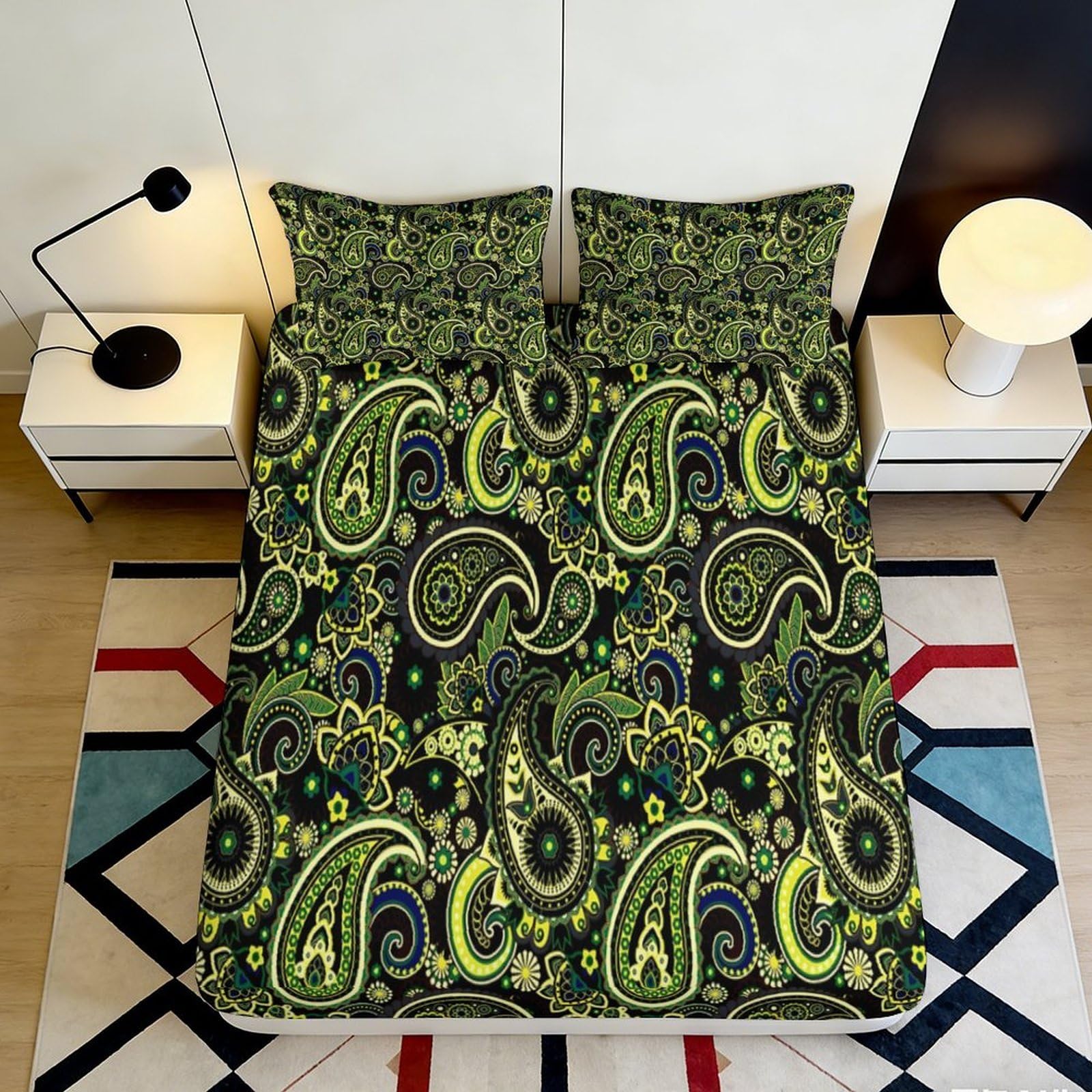 3D Printed Bohemian Pattern Fitted Sheet Microfiber Deep Pocket Non-Slip Bedding Set Bohemian Mattress Fitted Cover for Adults 200x200x25cm