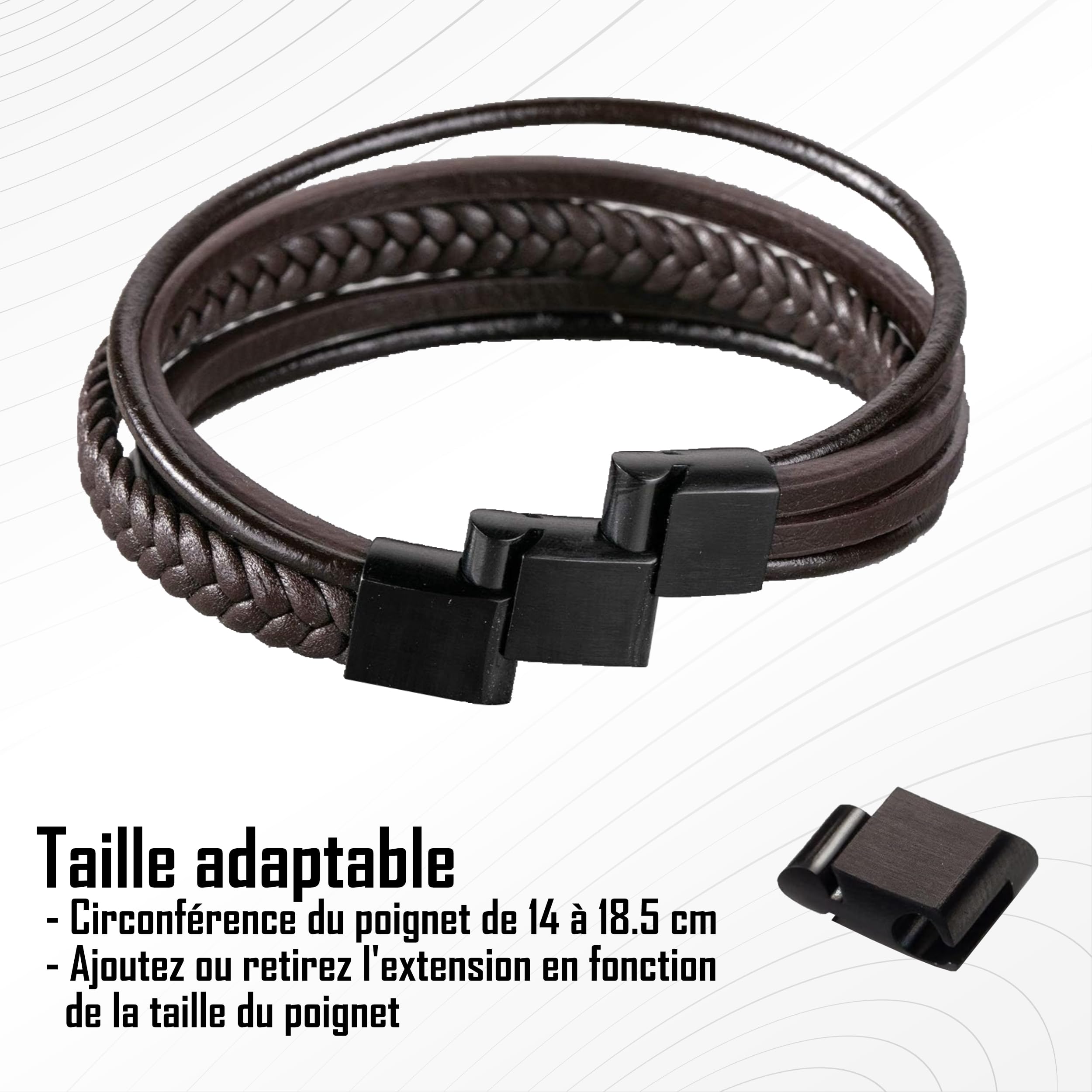 Bracelet en cuir pour ado garçon/jeune homme – Cuir véritable, fermoir aimanté acier inoxydable, taille ajustable 14 à 18,5 cm, coffret cadeau