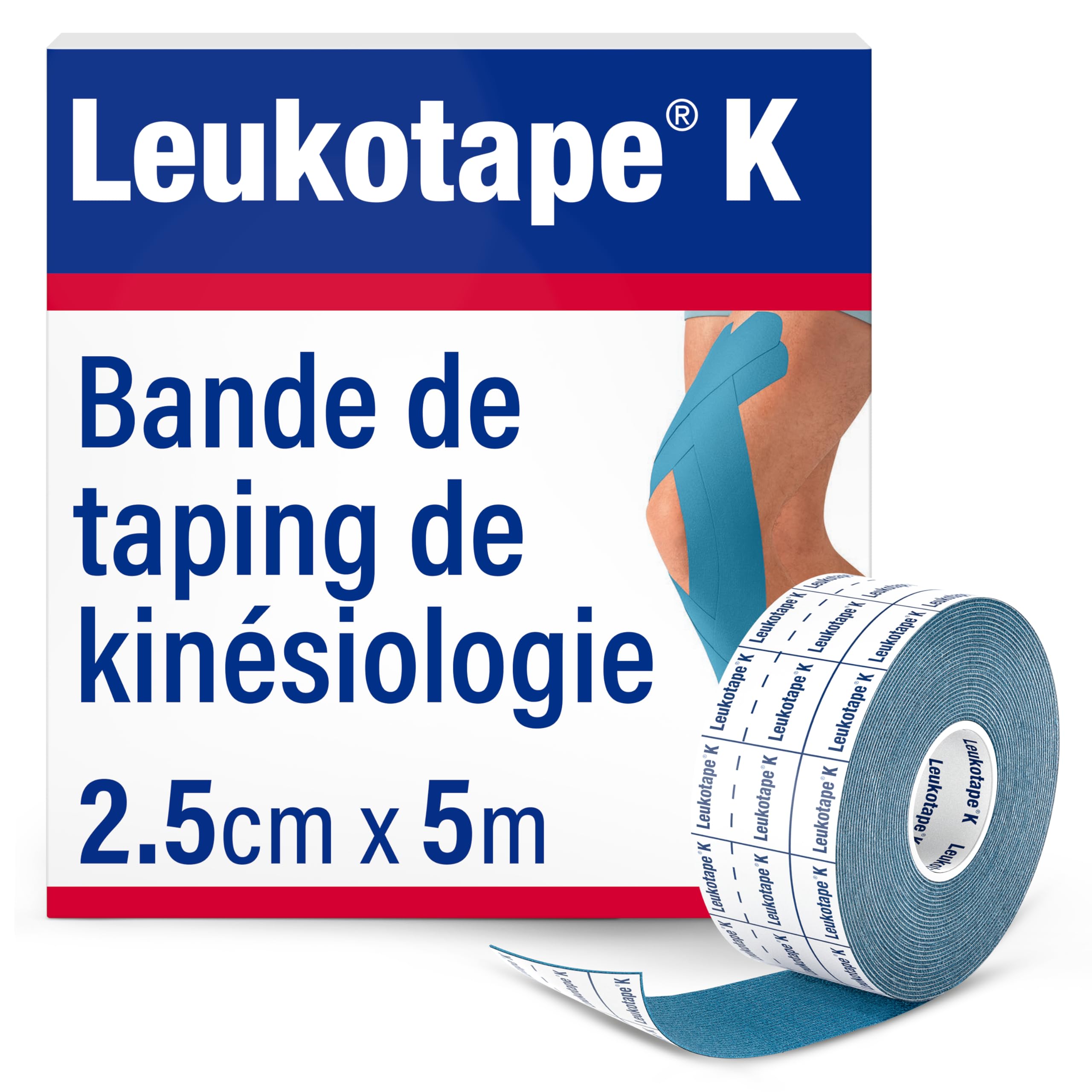 Leukotape K – Bande de taping neuro-​proprioceptive pour le soutien musculaire et le soulagement de la douleur – 2,​5 cm x 5 m, couleur Bleu, 1 rouleau