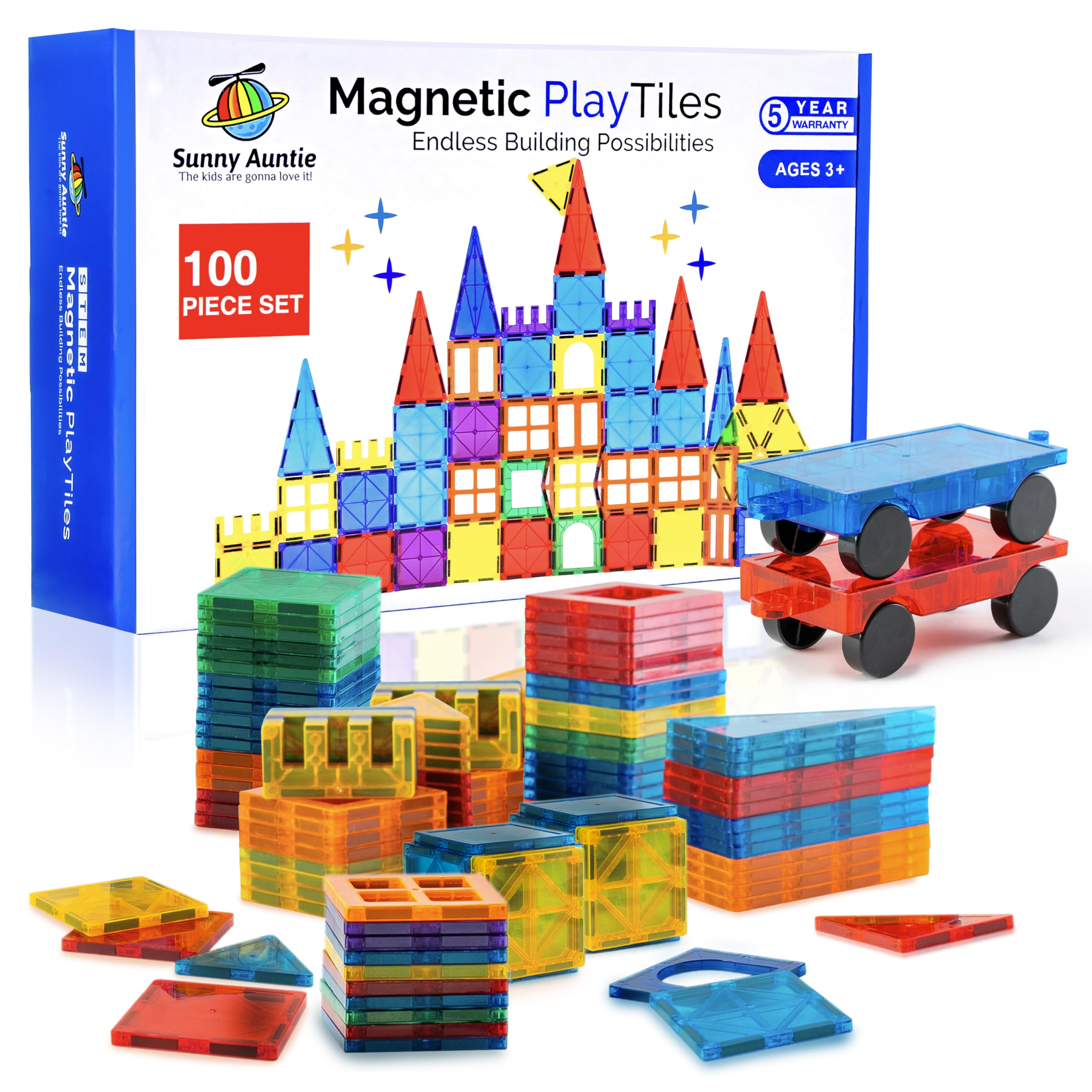 Magnetic Tiles 100 PCS with 2 Cars, Magnetic Tiles for Kids & Toddlers, Toy for 3 4 5 6 7 8 Year Old Boys & Girls, Gift Box