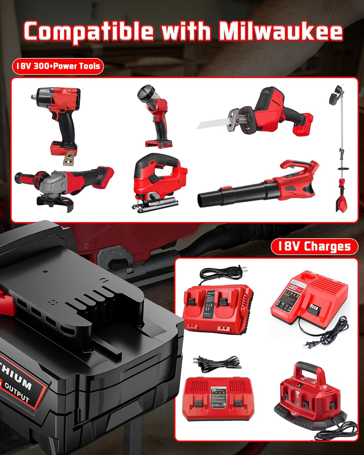 2Pack 18V 8.0Ah Replacement for Milwaukee M-18 Battery and Charger Combo Compatible with Milwaukee 18 Volt Lithium-Ion Batteries 48-11-1850 48-11-1860 48-11-1880 48-11-1882 Cordless Power Tools