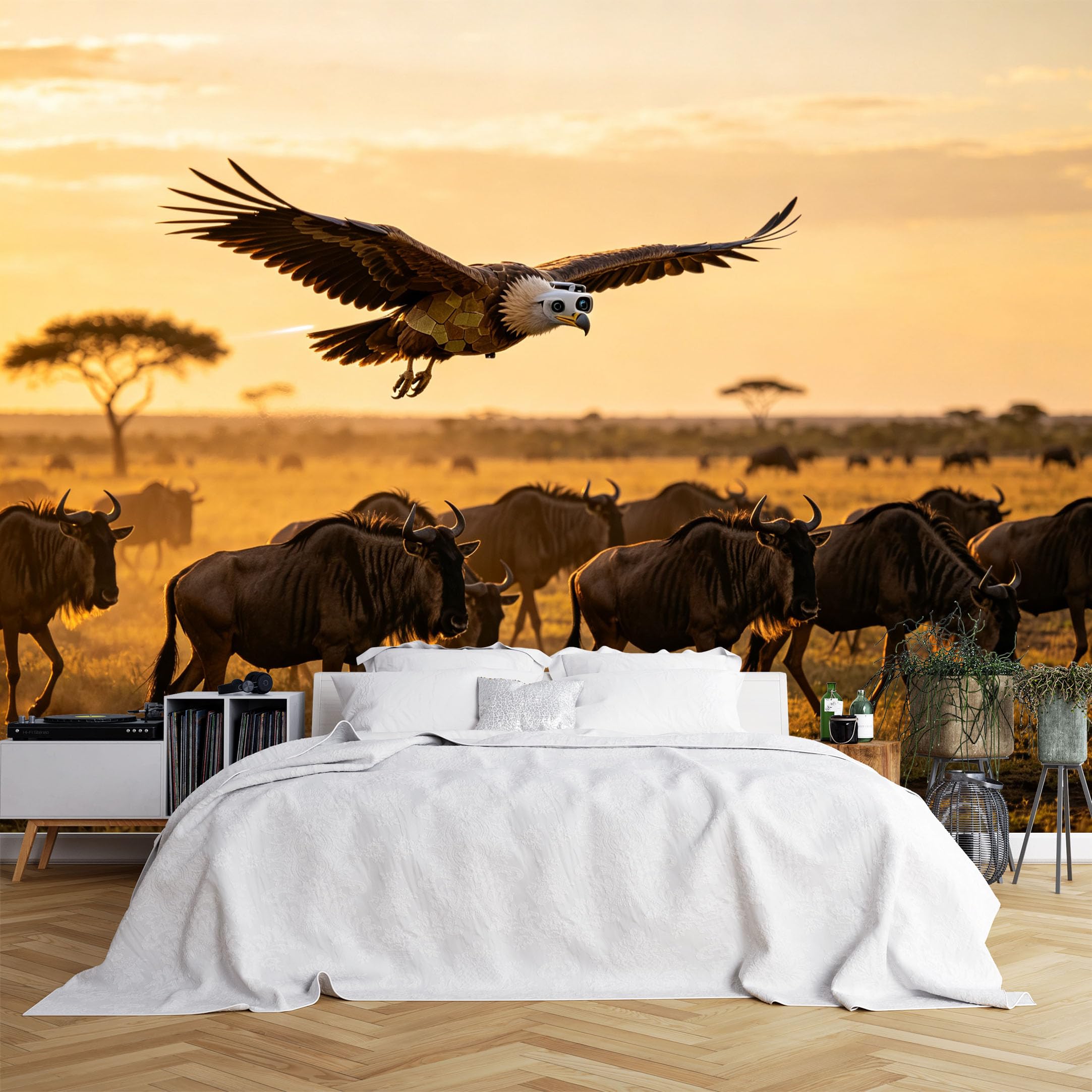 Custom Size Wall Murals Savanna Wildlife Scene with Eagle and Wildebeest Wall Murals,Large Photo Wallpaper Self-Adhesive Removable Wallpaper for Home Office