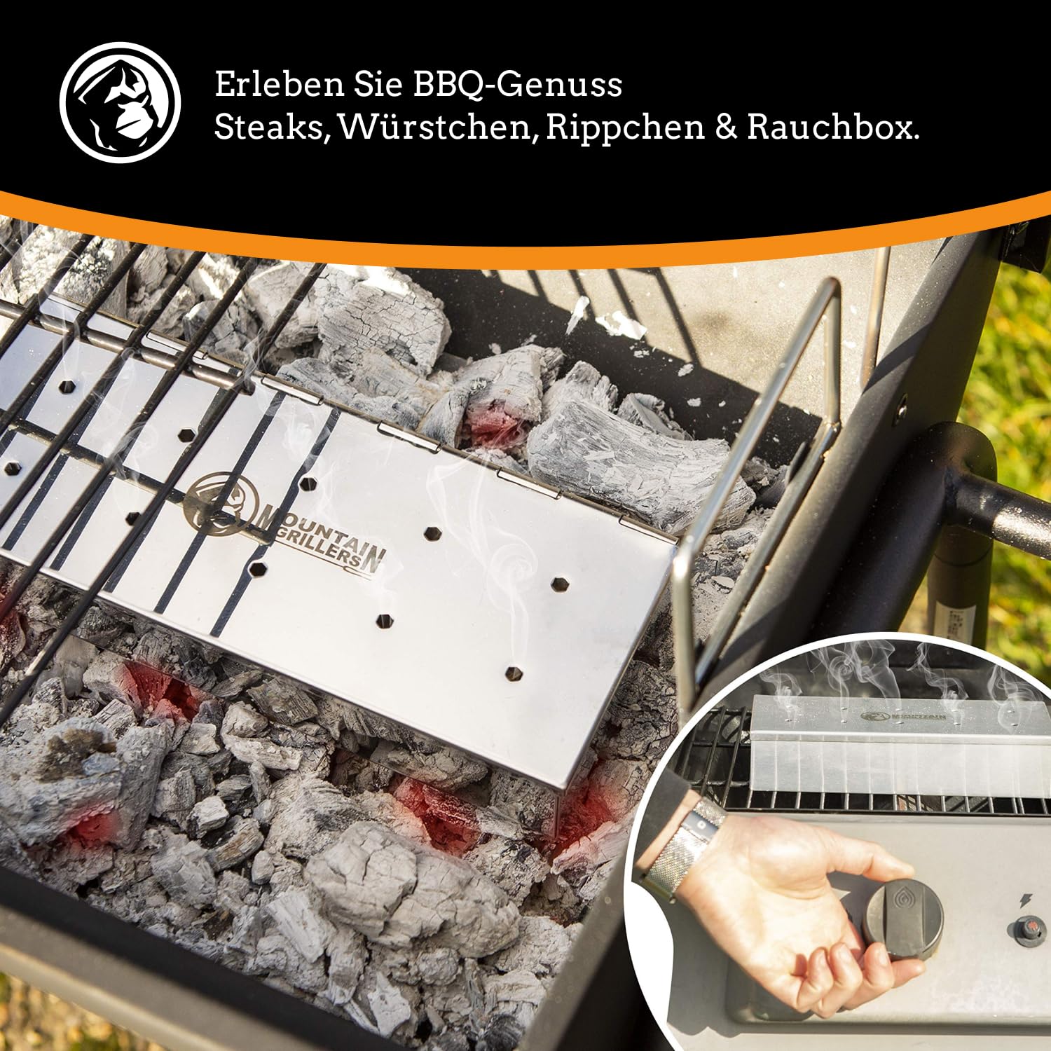 Smoker Box - Cassa per affumicatura per griglie - Deliziosa carne dal sapore affumicato per griglia a gas o carbone - Coperchio con cerniere per un'apertura facile (acciaio inox, finitura lucida)