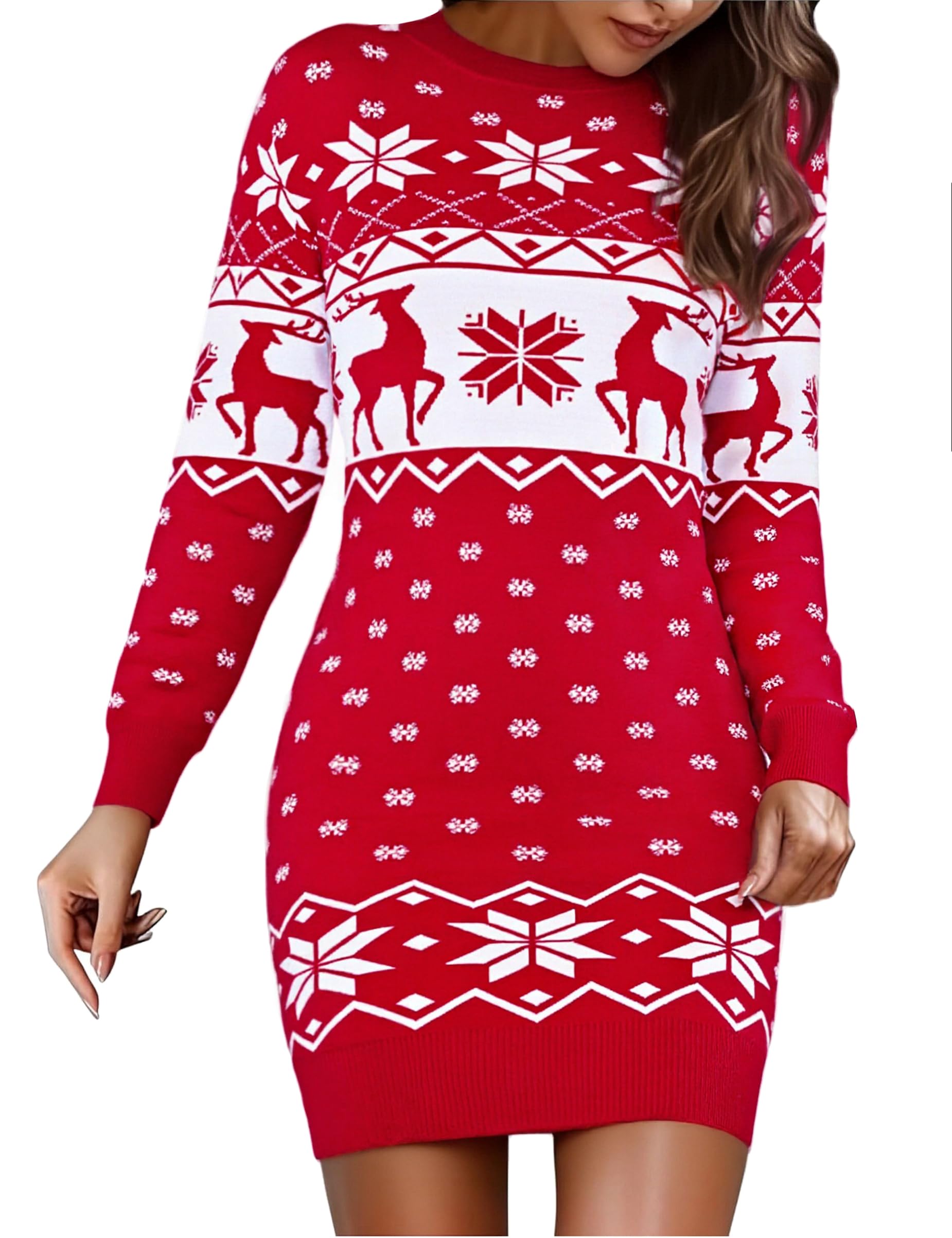Bresdk Strickkleid Damen Weihnachten Langarm Pulloverkleid Knielang Elegant Winterkleid Strickpullover