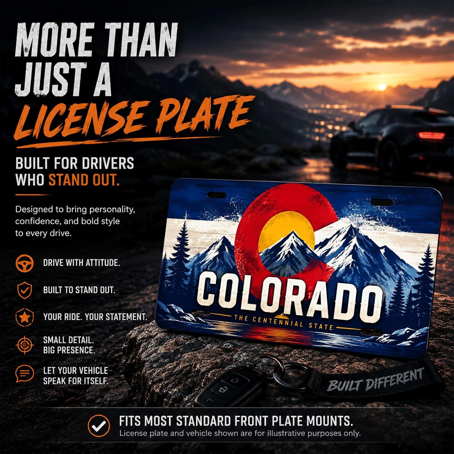 Colorado Centennial State Aluminum License Plate Decor 6x12 | Colorado flag-style artwork with snowy mountains, pines, and lake scenery adds bold outdoor style.