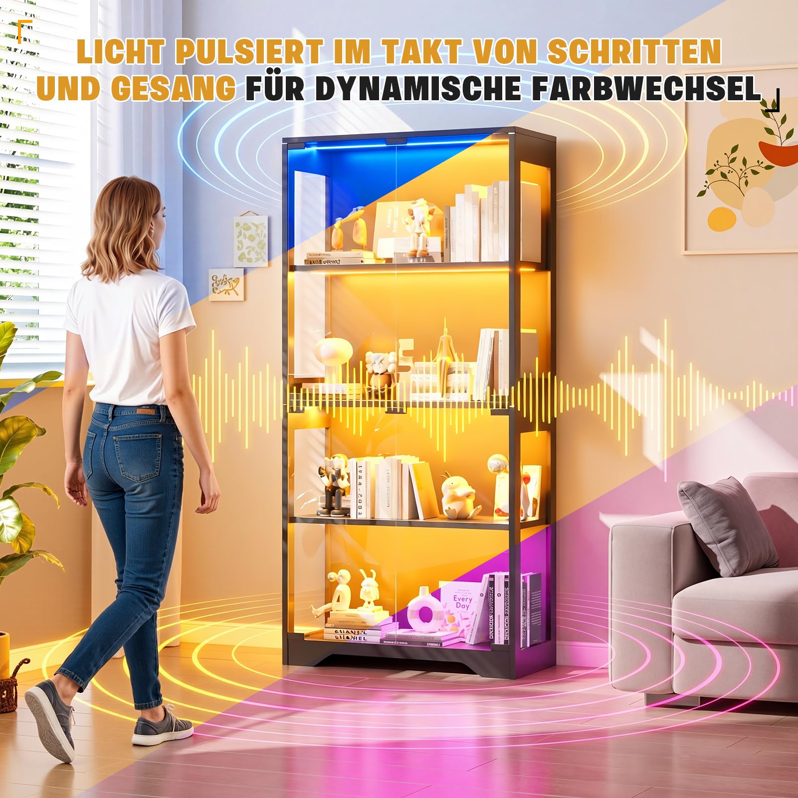 JUMMICO Glasvitrine mit RGB Beleuchtung LED, 80 x 35 x 165,5(H) cm, schwarz | Dynamische Lichteffekte, Über 60.000 Farben, 4 Ebenen, Vitrinen für Sammlerstücke