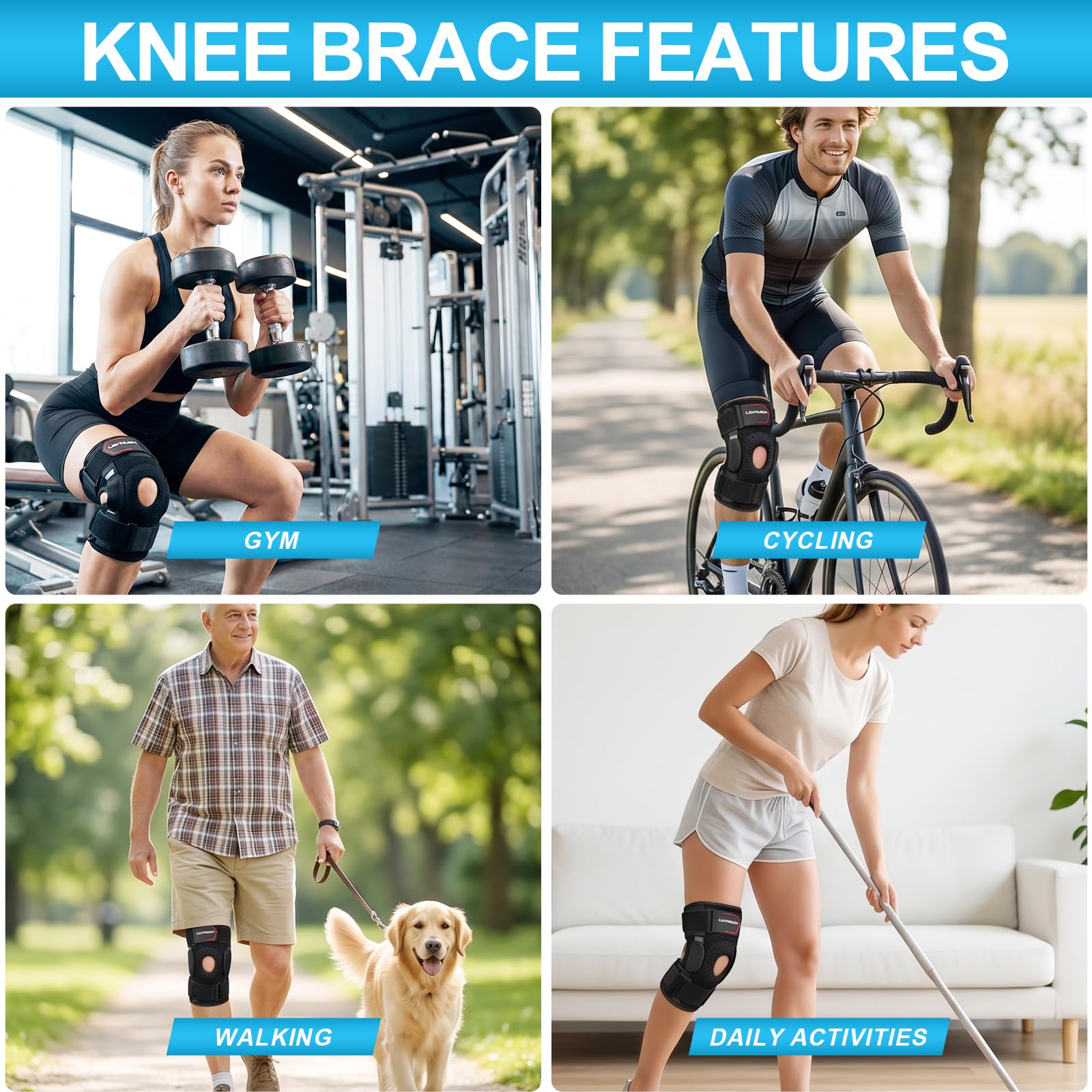 Lexniush Genouillère Sport Réglable avec Stabilisateurs Latéraux, Genouillere Arthrose Genou pour Ligamentaire, ACL/MCL, Attelle Genou et Coussin en Gel Rotulien pour Sport, Course, Running