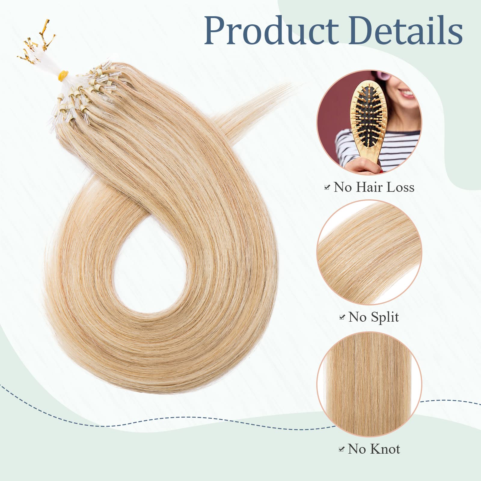 Silk-co (40-60Cm) Extension Capelli Veri Anellini 100 Ciocche #18P613 Biondo Cenere/Biondo Sbiancante Microring Anelli 0.5G/Ciocca Remy Human Hair