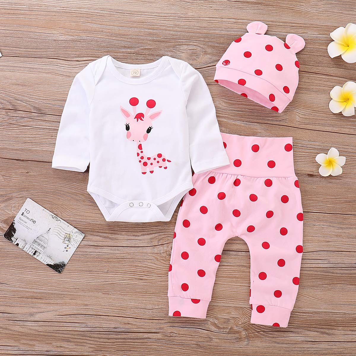 cute newborn baby girl ubrania żyrafa top + pudrowe spodnie w kropki + kapelusz zestaw odzieży dziennej