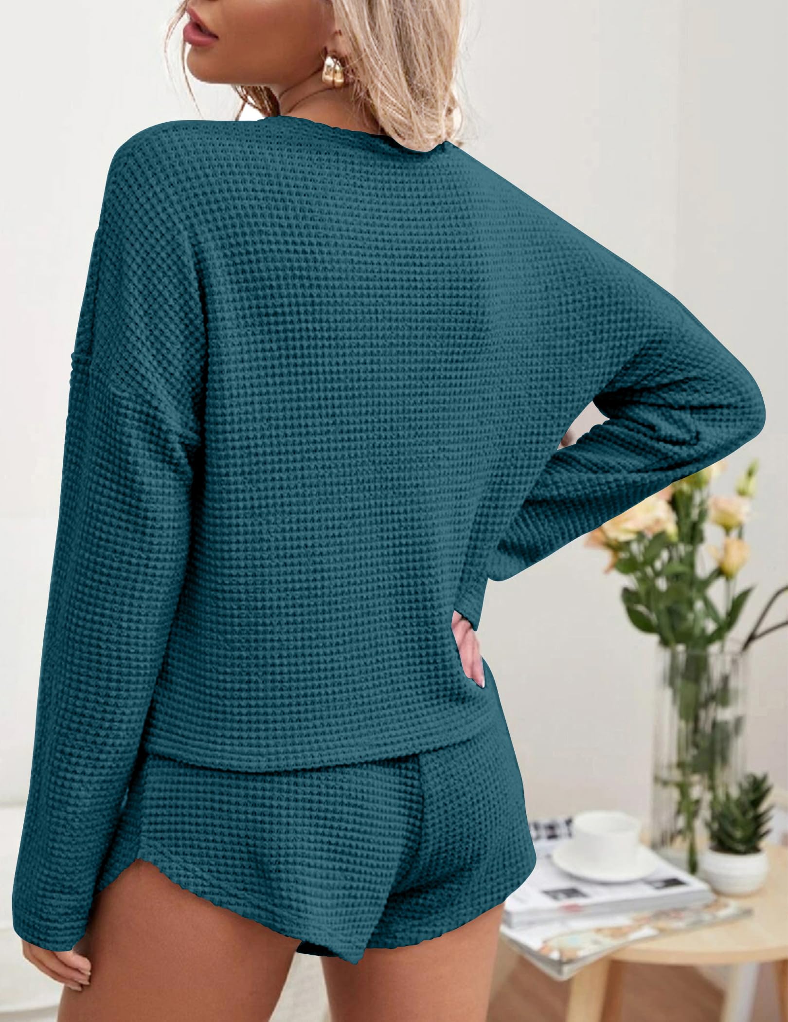Ekouaer Womens Waffle Knit Pajama Sets Long Sleeve Top and Shorts Matching Lounge Set Loungewear Sweatsuit with Pockets: Blue and Green Medium