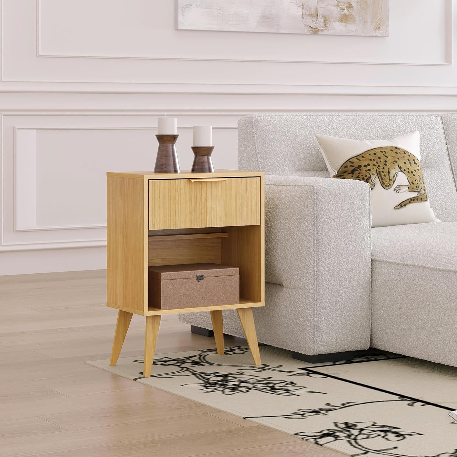 Fluted Night Stand with Opening Storage,Mid Century Bedside Table with Drawer,Wood Nightstand with Solid Wood Legs,End Table Side Table for Living Room,Bedroom,Natural CTG56Y - Image 7