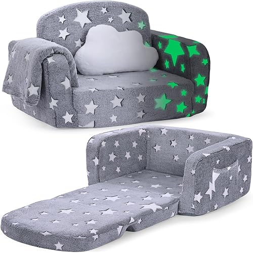 Kids Couch, 2-in-1 Soft Toddler Couch Fold Out with with Blanket and Cloud Pillow, Glow in The Dark, Toddler Chair Comfy, Convertible Sofa, Gifts for Kids Girl Boys, Medium Grey Star