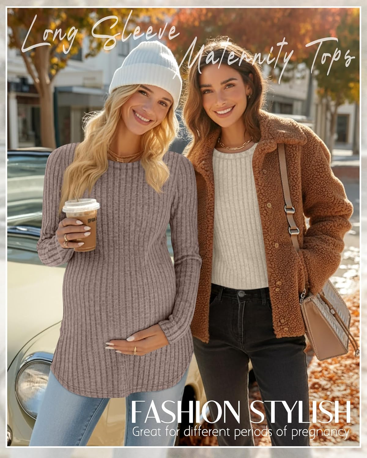 3 Pack Women's Maternity Shirts, Ribbed Long Sleeve Pregnancy Sweaters Curved Hem Split Side Crew Neck Tunic Tops - Image 2