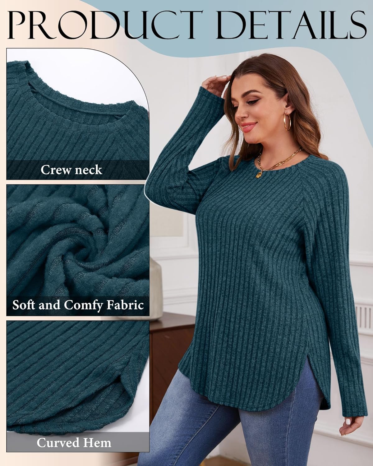 Ficerd 3 Pack Plus Size Tunic Tops for Women, Long Sleeve Women's Sweaters Curved Hem Side Split T-Shirts Crew Neck Pullover - Image 4