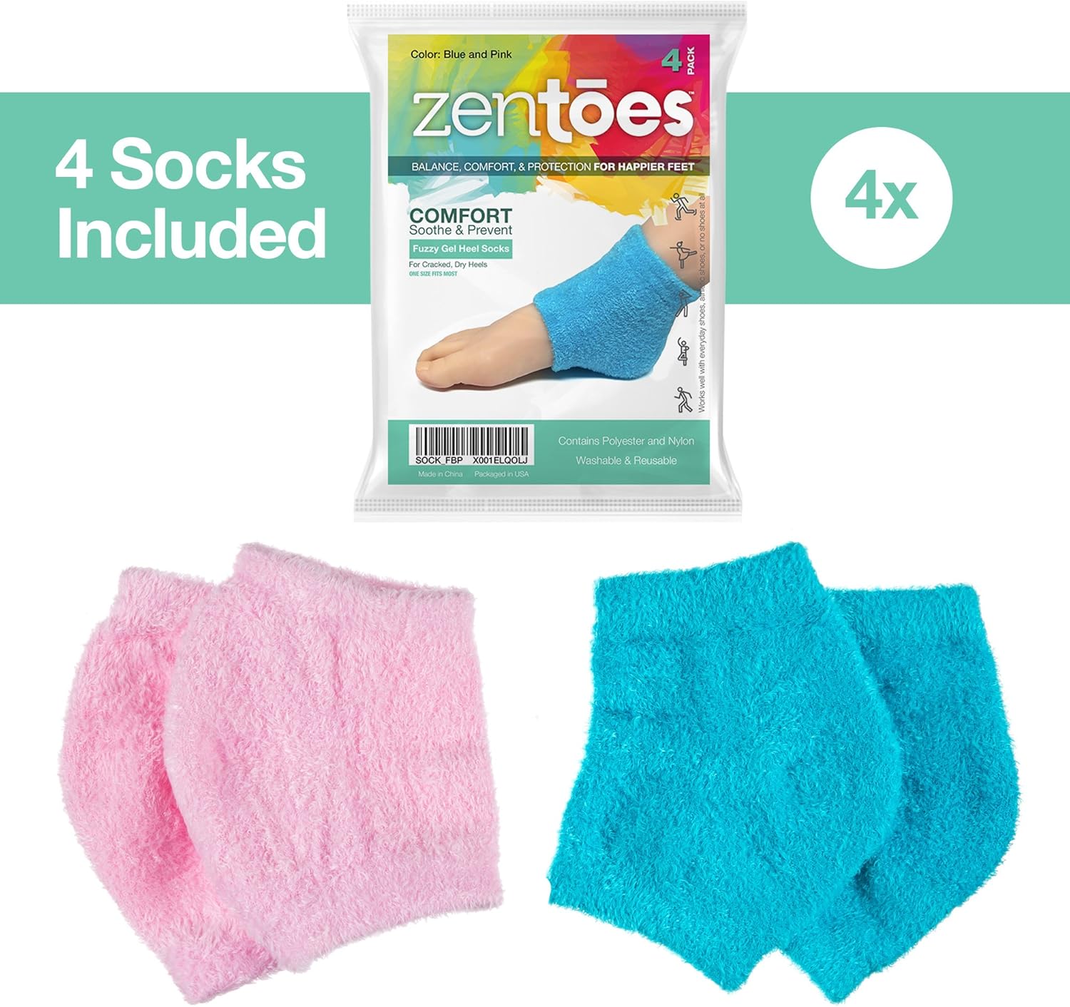 ZenToes Moisturizing Heel Socks 2 Pairs Gel Lined Fuzzy Toeless Spa Socks to Heal and Treat Dry, Cracked Heels While You Sleep (Regular, Blue and Pink) : Everything Else