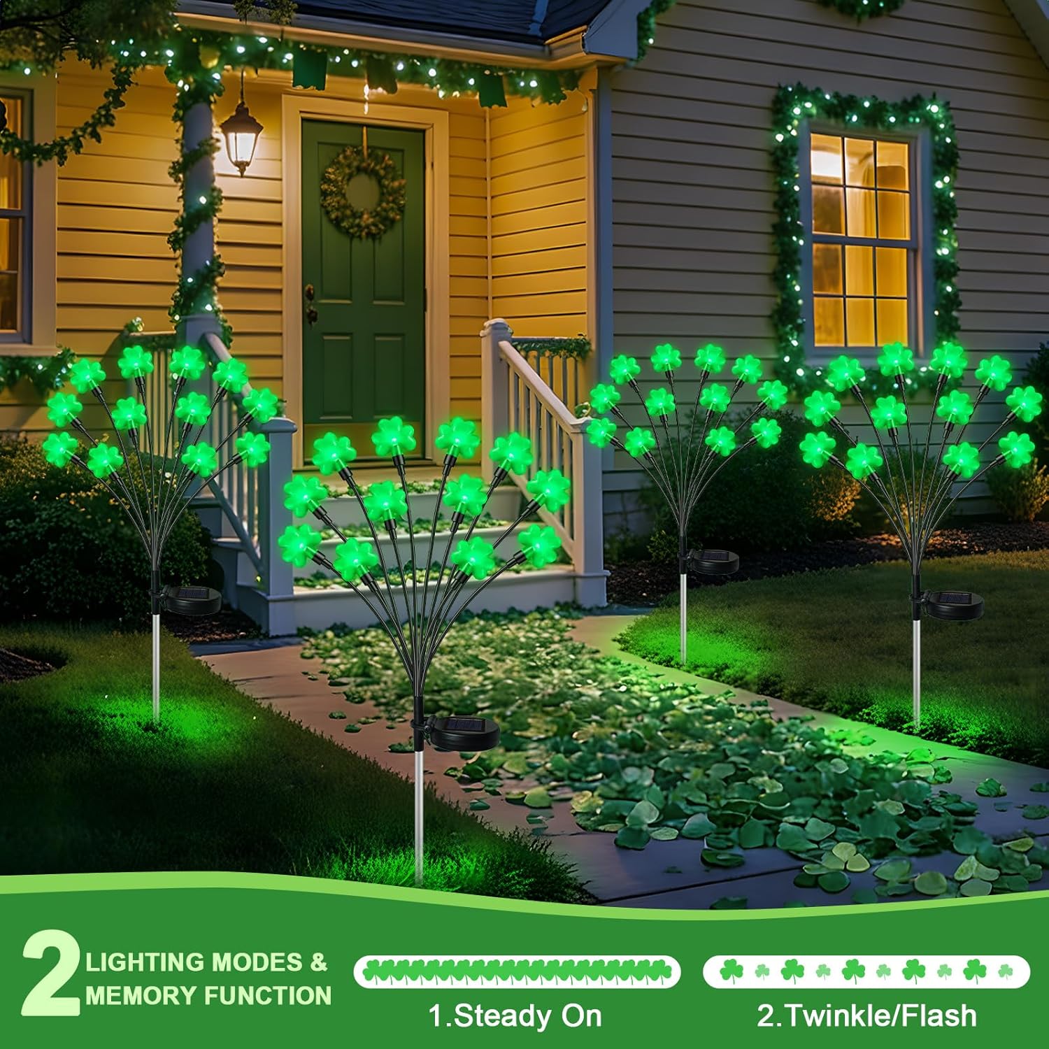 HELESIN St Patricks Day Decorations, 4 Pack St Patricks Day Outdoor Solar Lights with 2 Modes, Waterproof Shamrock Lucky Green Solar Stake Tree Lights for Yard Pathway Lawn Decorations