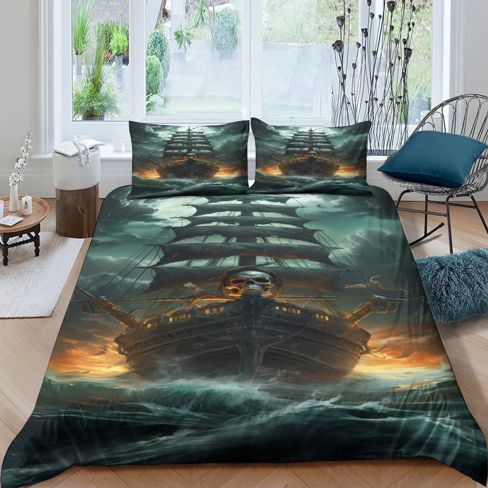Ctjqhvkz Style-6 3D Printed Pirate Ship Fitted Sheet Microfiber Mattress Cover Ocean Storm Art For Bedroom Guestroom Decor Single（135X200cm）