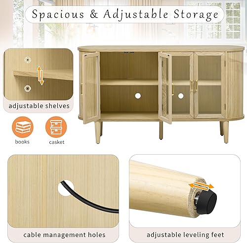 Miniatura 86 de Aparador de armario de almacenamiento curvado con 2 puertas y 2 cajones, mesa consola de entrada de madera de 55 pulgadas con puerta lateral curvada