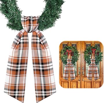 VitalCozy 2 Pcs Fall Wreath Sash, Plaid Bow for Door Thanksgiving Decor | Plaid Ribbon for Autumn Doorway, Embroidery Design, Indoor Outdoor Garland Accessory, Thanksgiving Holiday Wall Decor