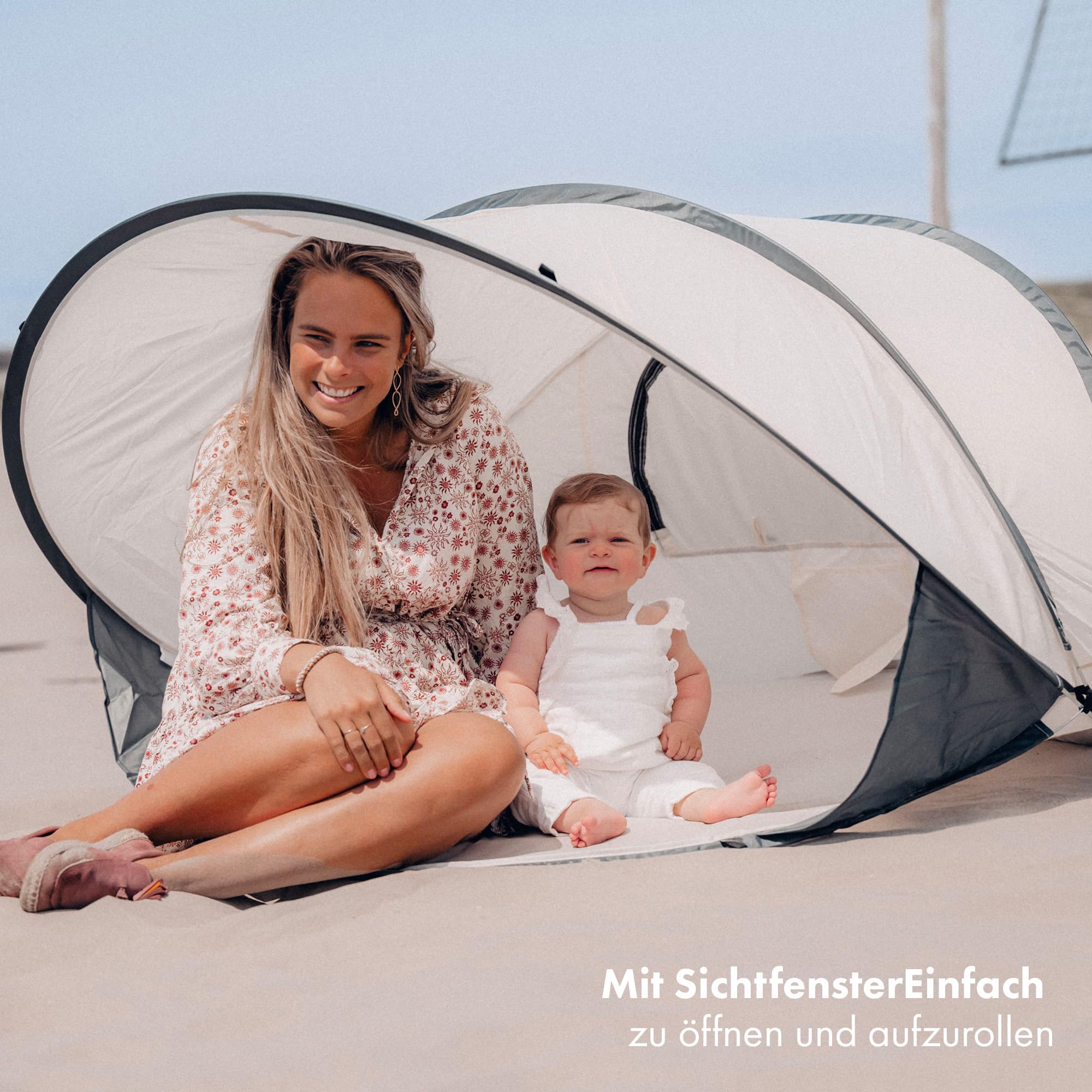 Deryan Strandmuschel Pop Up Strandzelt XXL - Strandzelt für Erwachsen, Kinder und Baby - 2-4 Personen - Reißverschlusstür, UV-Schutz 50+, Windschutz und herringen - Tragbares Wurfzelt - Creme