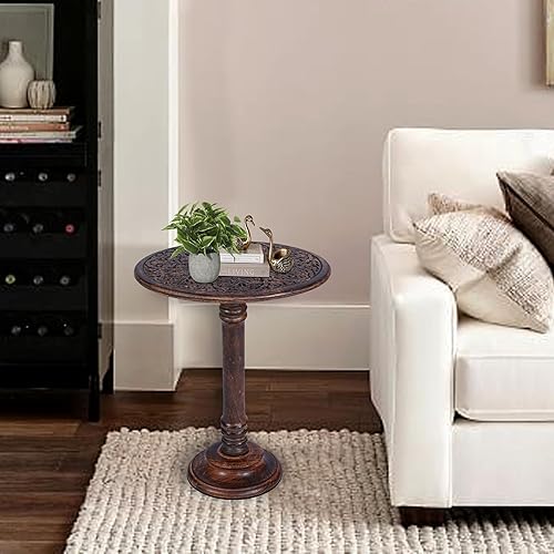 Miniatura 9 de Mesa auxiliar de madera tallada a mano, mesa auxiliar redonda de pedestal de 18 x 22 pulgadas, madera de mango maciza, acabado quemado natural, mesa