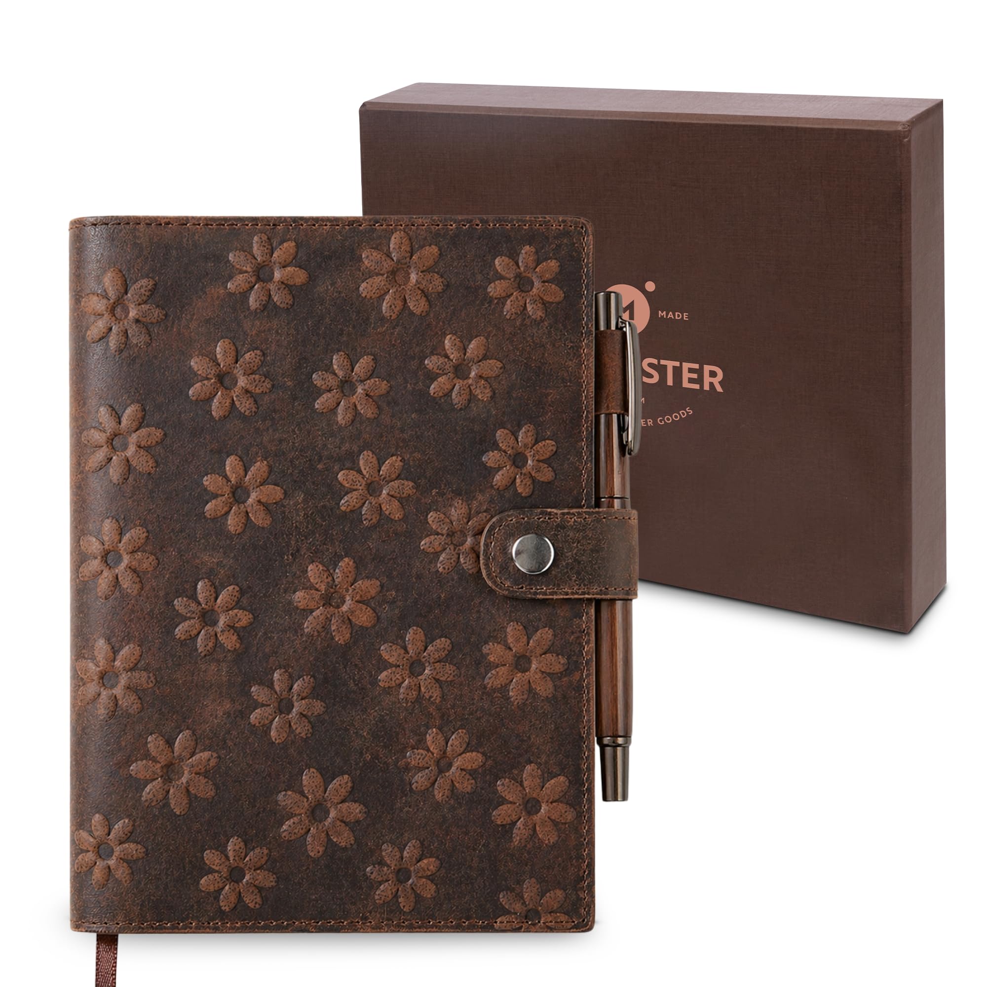 moonster Vintage Leather Journal – Refillable A5 Handcrafted Buffalo Leather Notebook with Luxury Pen, 320 Lined Pages – Rustic Writing Diary for Men & Women – Multiple Embossed Designs (Daisy Brown) — image 1