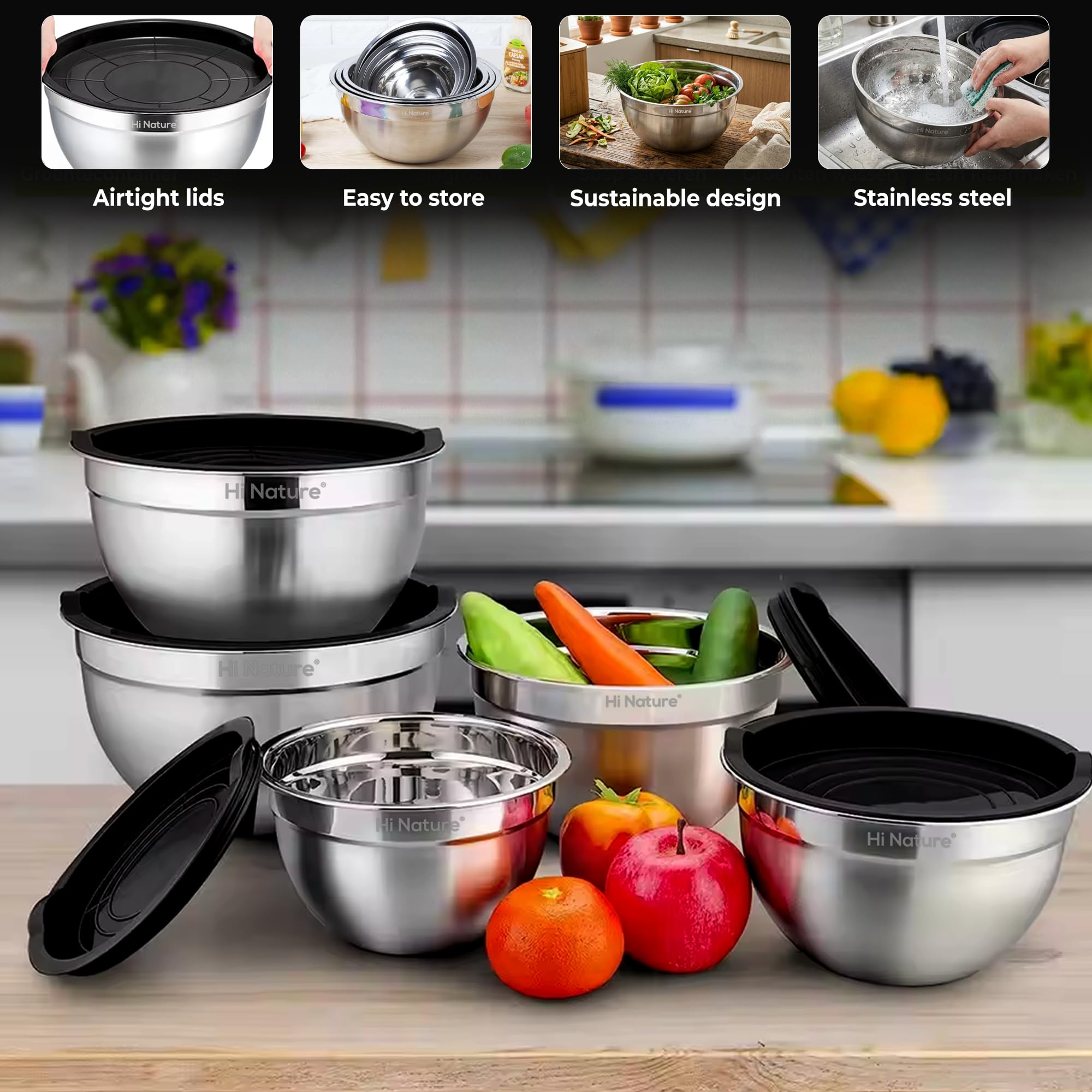 Hi Nature™ Rührschüssel Set mit Deckel Edelstahl – 6-teiliges Edelstahl Rührschüssel Set mit Deckel – Schüsselset rutschfest & stapelbar – Spülmaschinenfest – Schalen 1.4L/1.9L/2.4L/3.2L/5L /6.5L