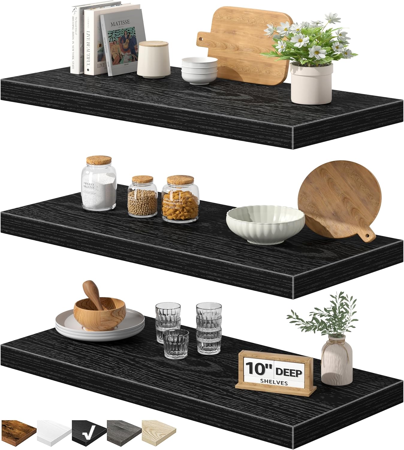 QEEIG 10" Deep Floating Shelves for Wall - 10 x 24 inch Book Shelf Bathroom Bedroom Kitchen Living Room Hanging Bookshelf Farmhouse Set of 3, Black (025-60B3) 10"D x 23.6"W Black
