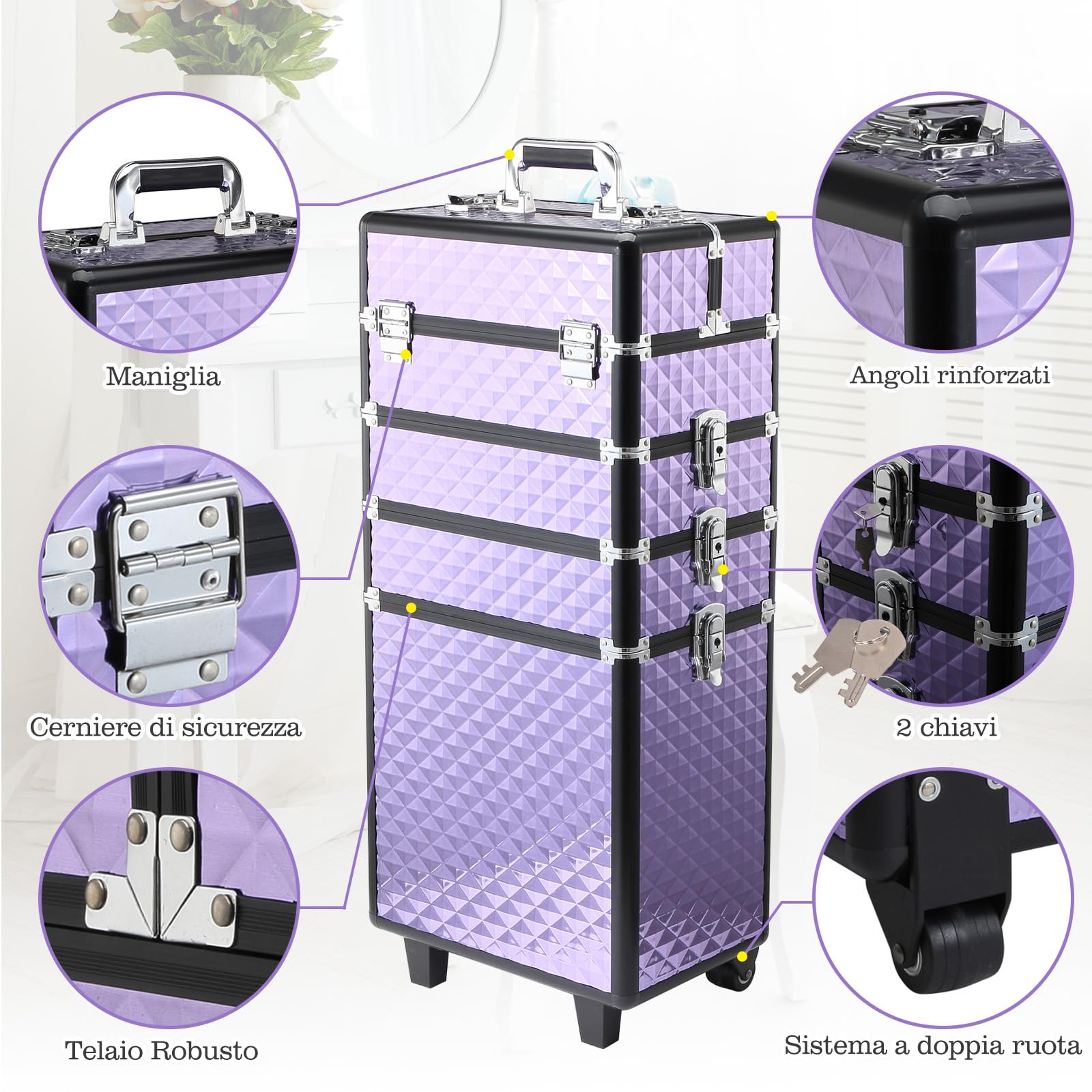HOMCOM Valigia Porta Trucchi Professionale 2 Ruote Viola 33.5x23x76/95.5cm | Trolley Trucco Professionale, Makeup da Viaggio in Alluminio
