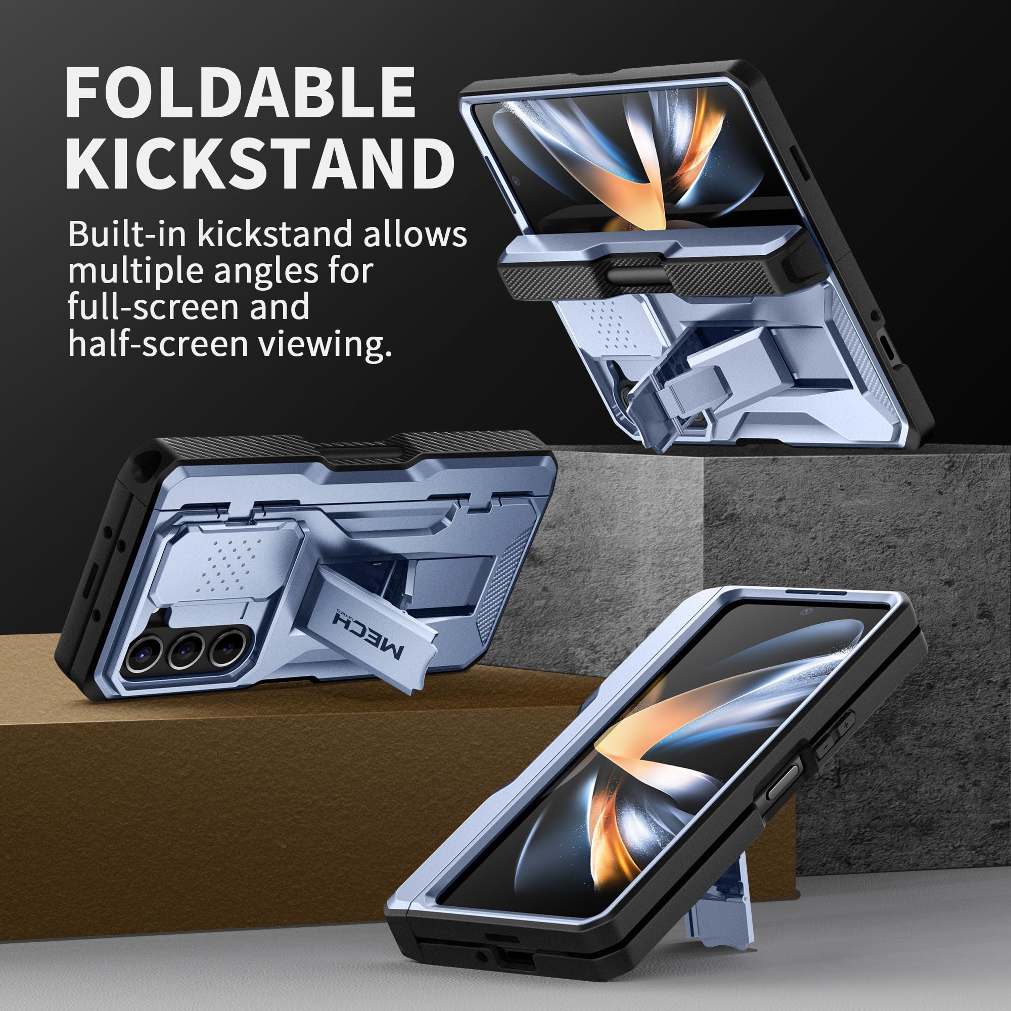 Tongate Hoesje voor Z Fold 6, met S-pensleuf en scharnierbescherming, schermbeschermer van gehard glas, militaire valhoes voor Samsung Galaxy Z Fold 6, hoesje met standaard en riemclip, Grijs