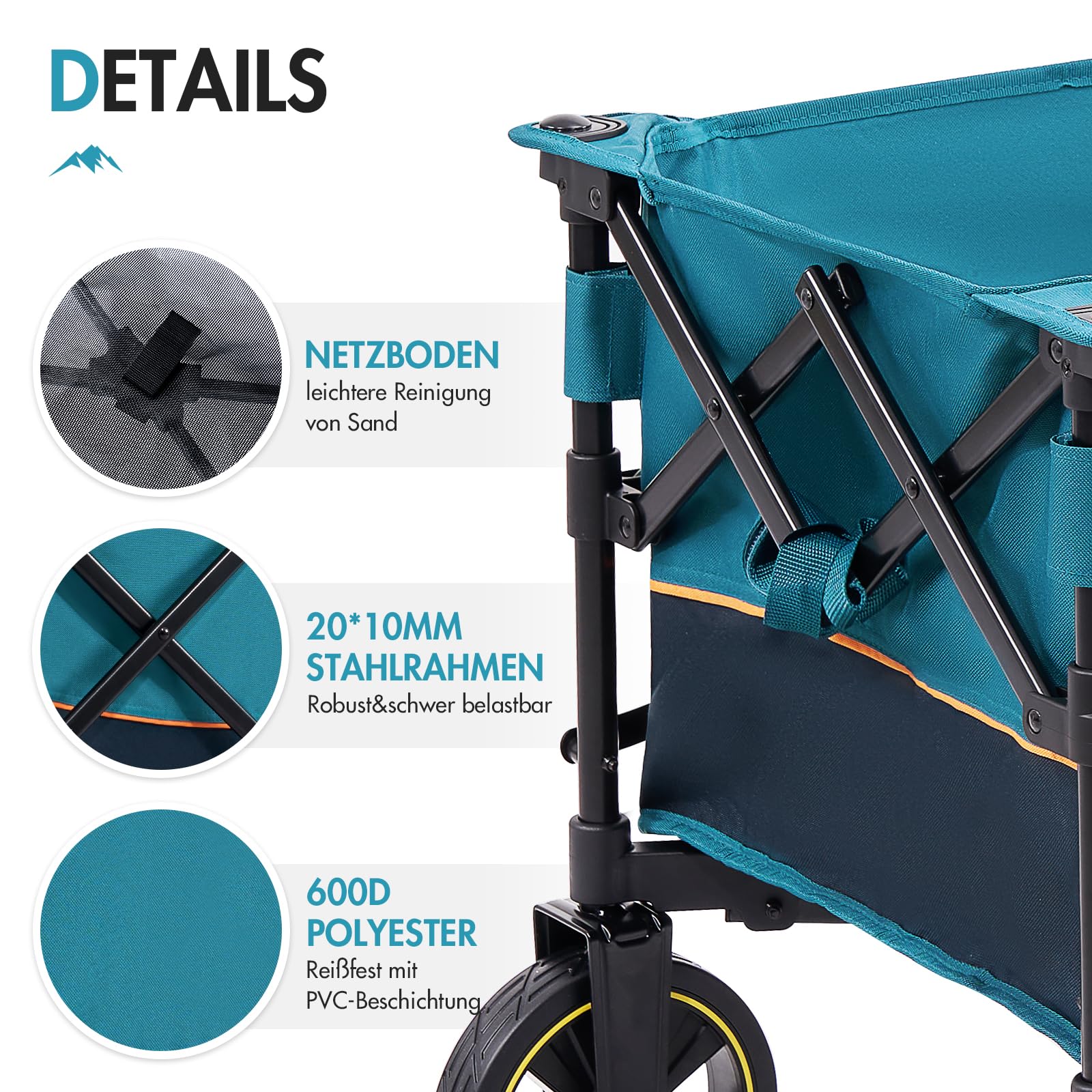 Portal Bollerwagen faltbar XXL Große Ladefläche 120kg belastbar Handwagen mit Getränkehalter Seitentasche Transportwagen Leiterwagen klappbar Strandwagen Faltwagen für Garten Camping Festival