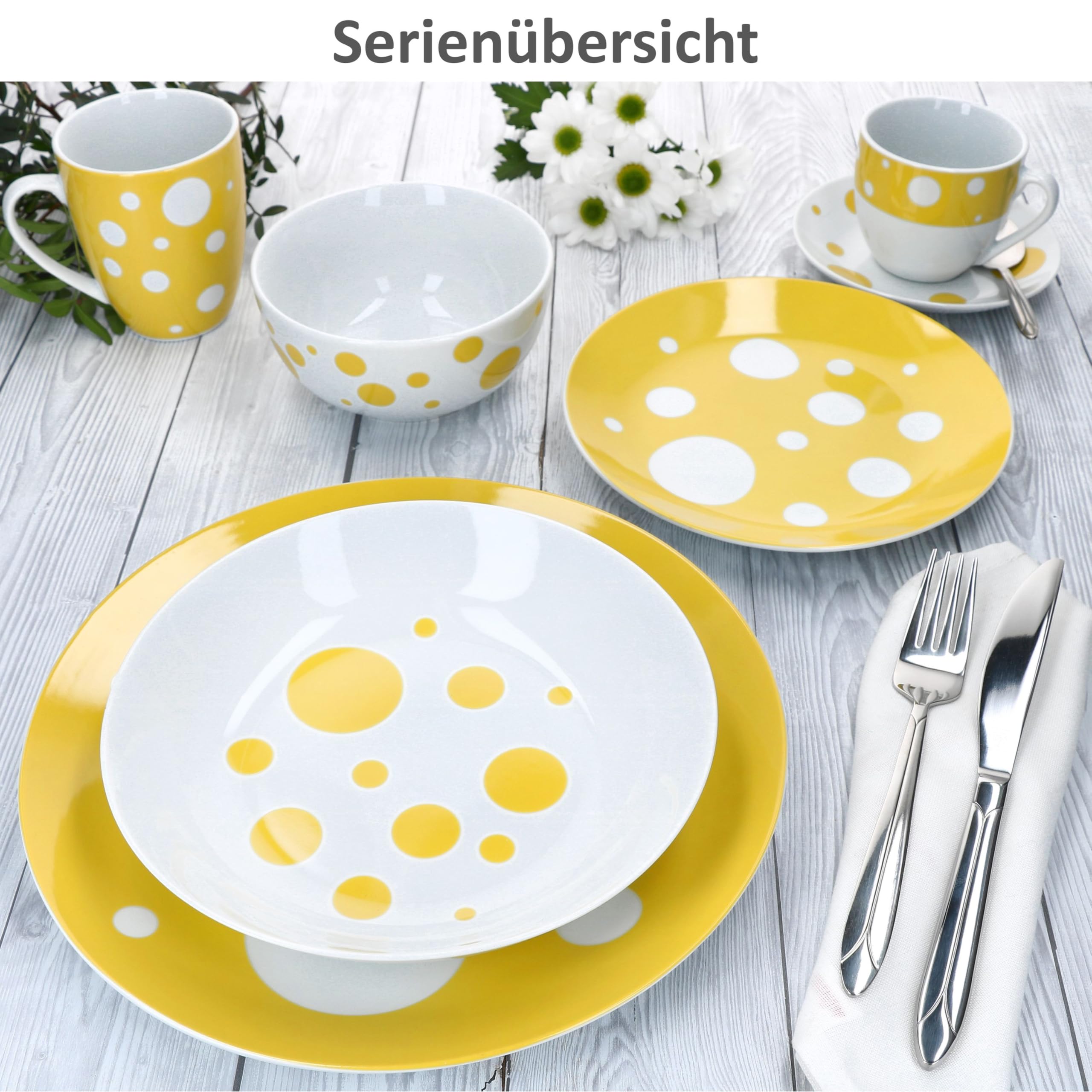 MamboCat Pula gelb 12tlg Frühstücksset I je 6X Gepunktete Kuchenteller & Kaffeebecher 300 ml aus Porzellan I 6 Personen I gelbes Punkte-Dekor I für Frühstück & Kaffee