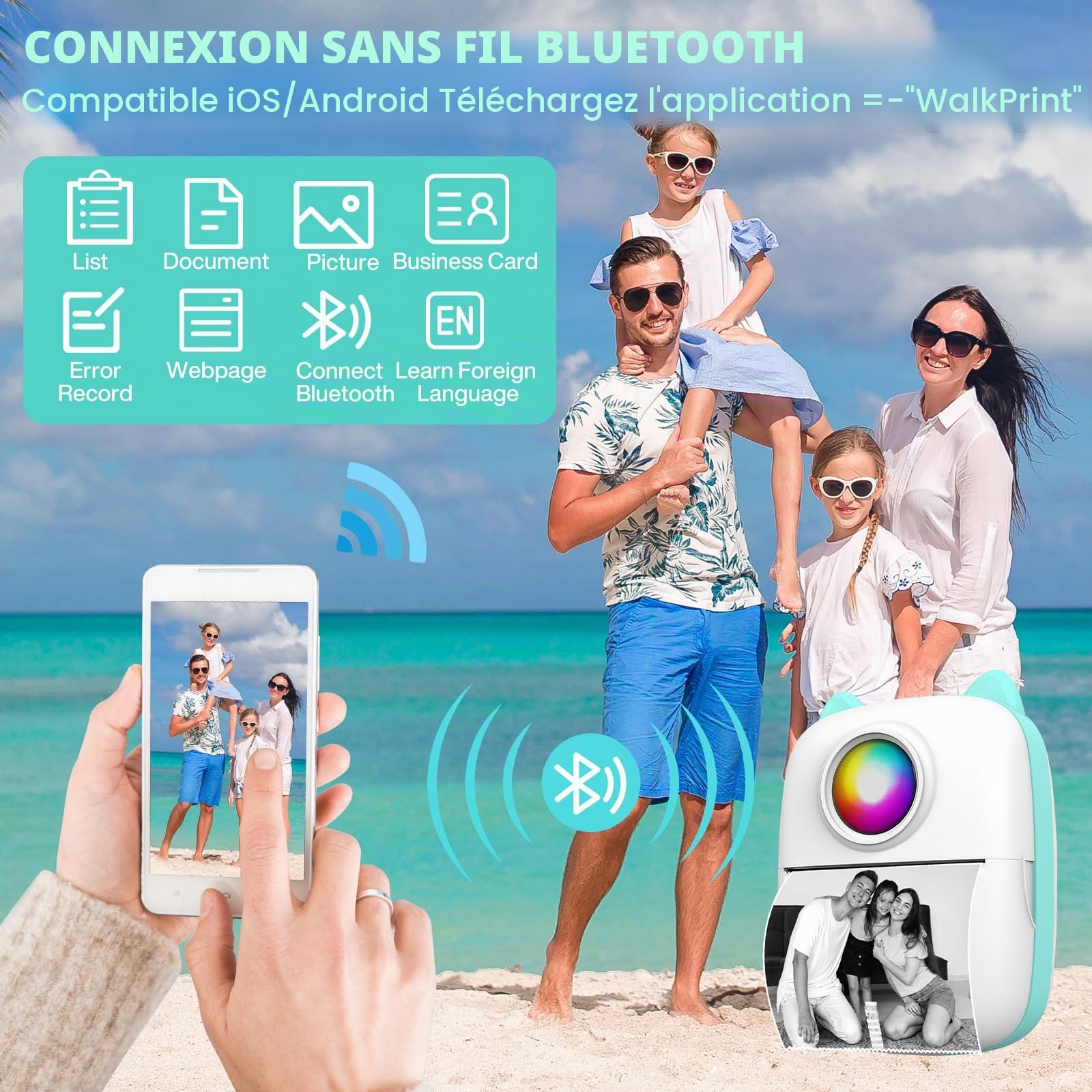 Mini Imprimante Thermique Portable Bluetooth sans Encre iOS Android Bleu