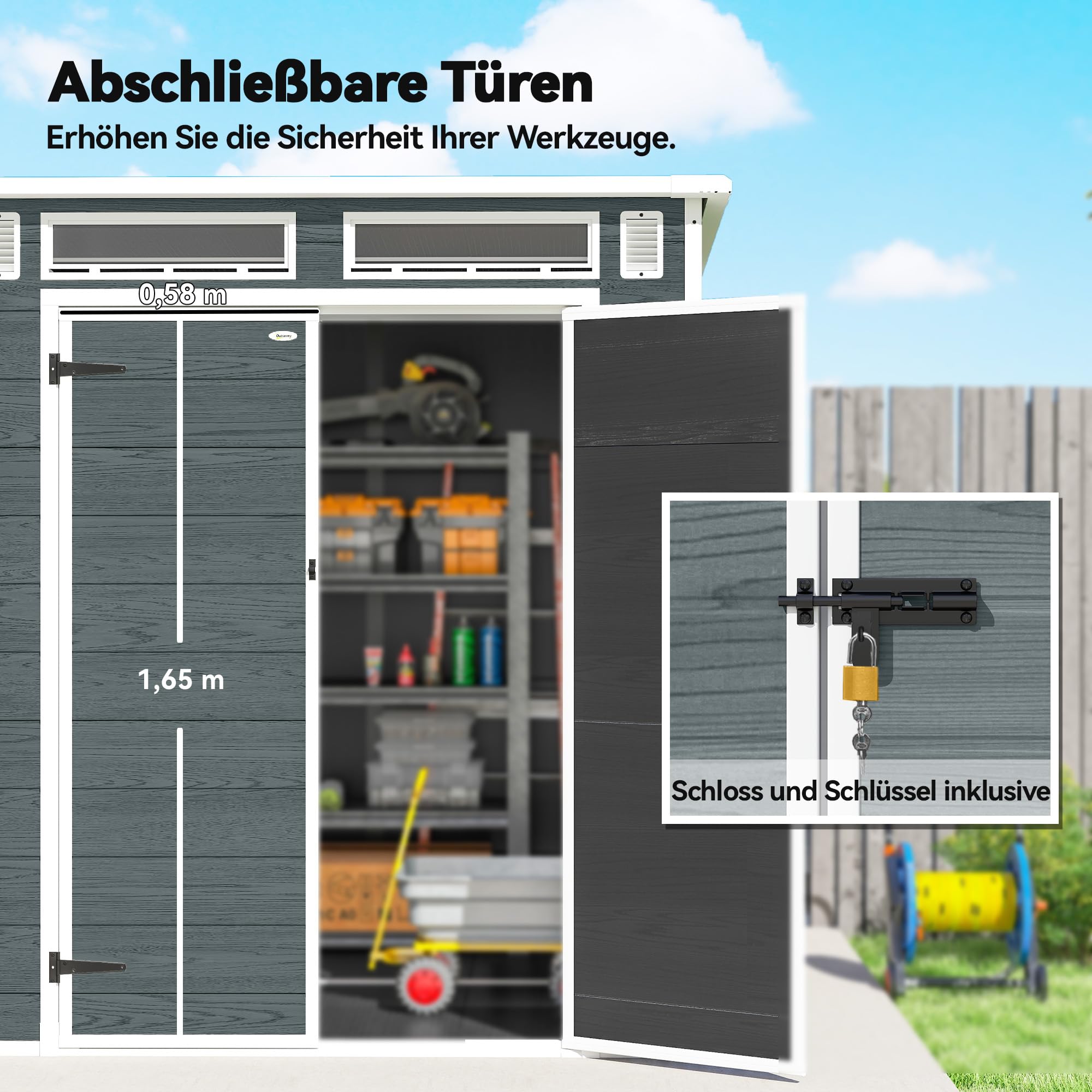 Outsunny Gerätehaus 2,89 m², Geräteschuppen mit Holzoptik 3 Fenster, 182 x 182 x 196 cm Kunststoff Gartenschuppen mit Doppeltür Belüftung Boden Schloss Handschuhe, Gartenhaus für Werkzeuge Fahrrad