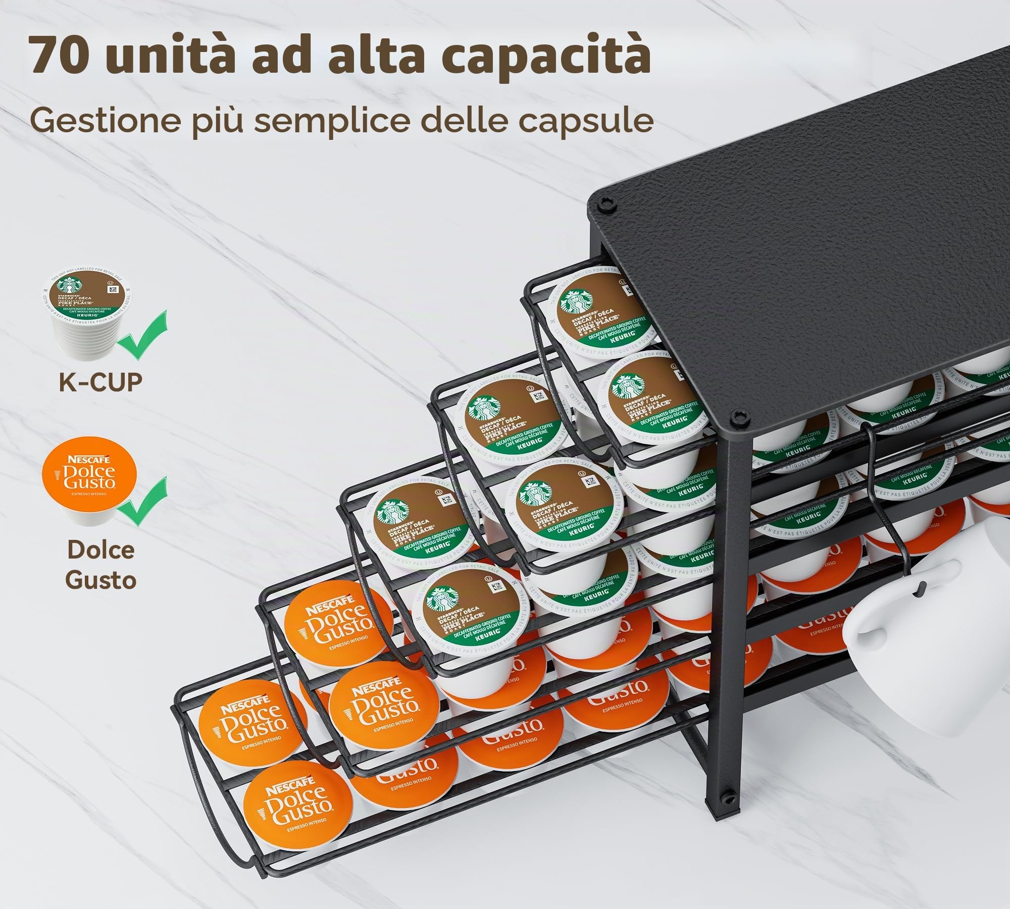 HFHOME Cassetto Porta Capsule Caffè a 5 Livelli, 70 Porta Cialde Capsule per Dolce Gusto, Porta Cialde con Scorrimento Silenzioso, Portacapsule in Metallo per Piccoli Spazi in Cucina