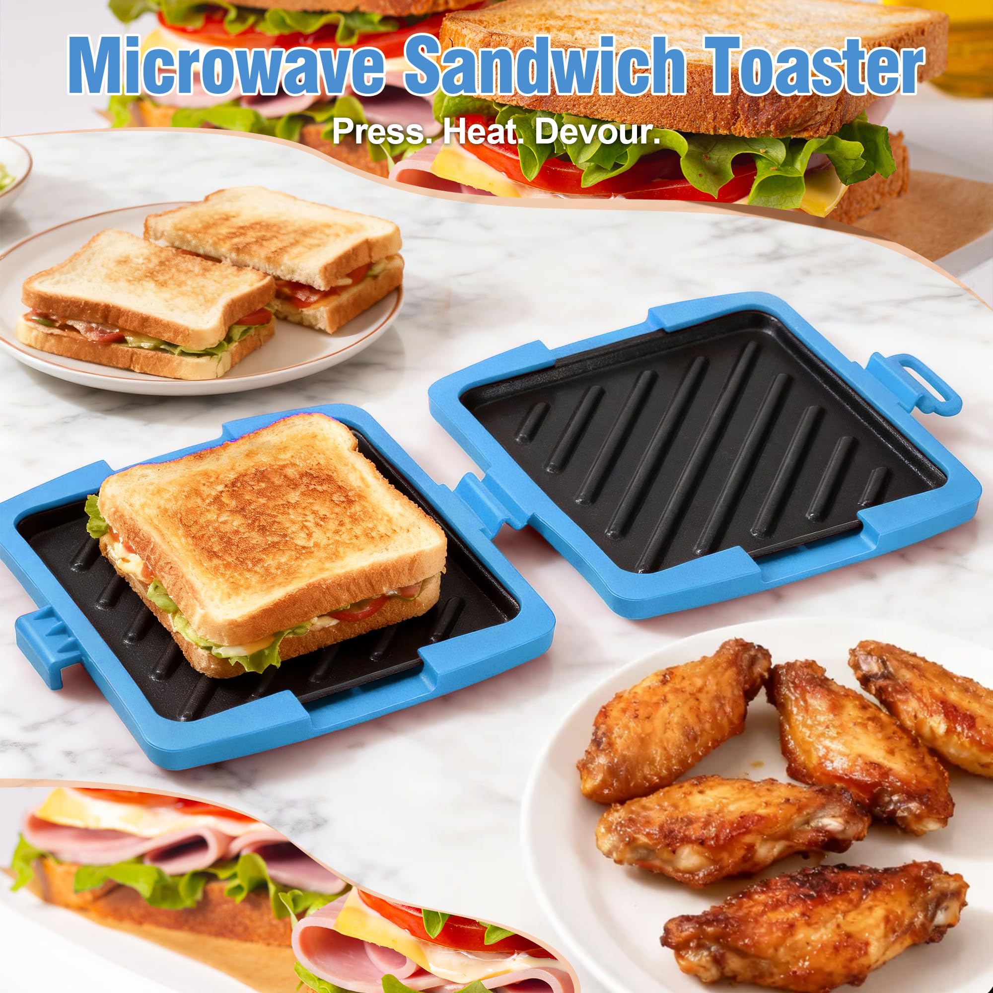 Sandwichera Microondas, Tostadora de Sándwiches 16 x 16cm, Sandwichera para Microondas con Platos Desmontables y Band de Silicona, Sandwich Maker para Paninis Sándwiches Bacon