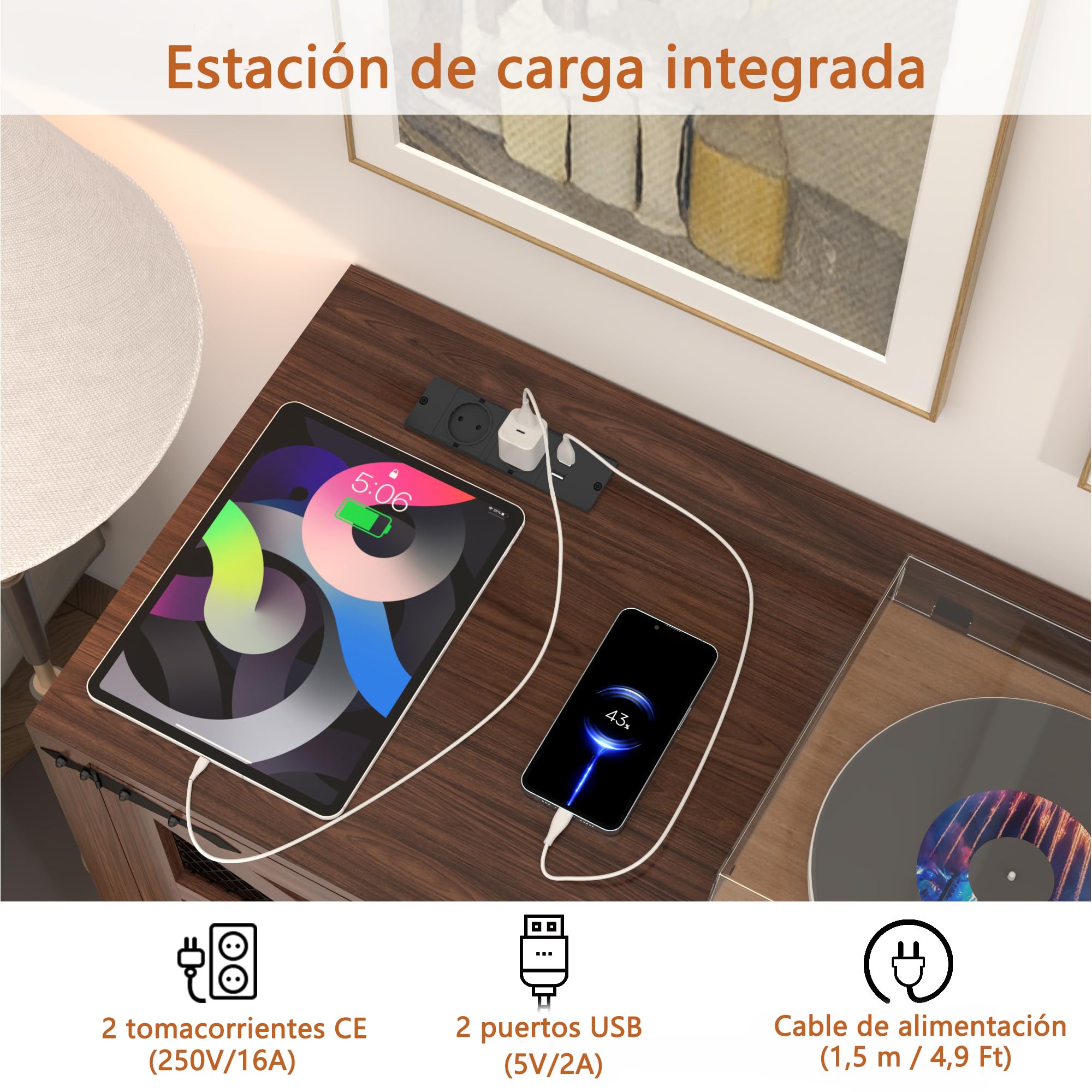 MDF Mueble para Discos de Vinilo con Acabado Nogal,Soporte para 500+ Vinilos, 2 Enchufes & 2 USB, Antivuelco, Mueble Compacto para Salón y Tocadiscos,Color Nogal（120×40×80cm）