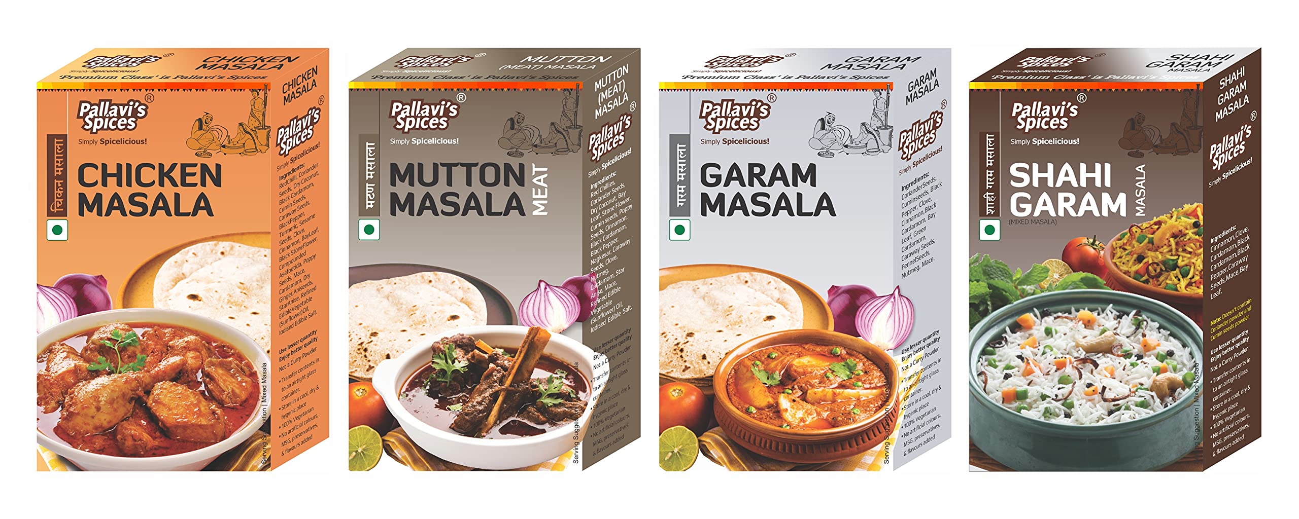Pallavi's Spices Chicken Masala, Mutton Masala, Garam Masala, and Shahi Garam Masala, 200g (Combo of 4)