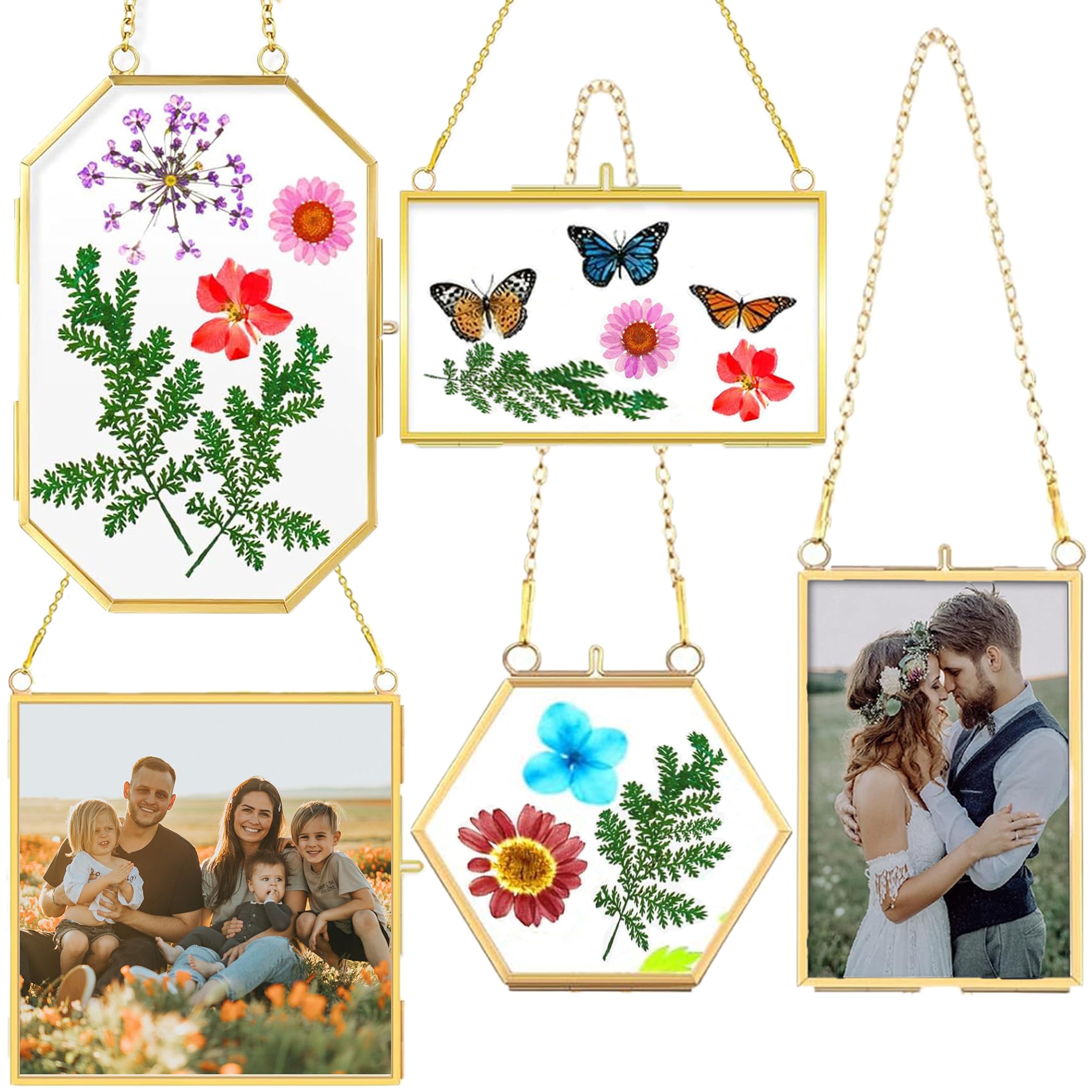 Double Glass Frame for Pressed Flowers Large 5 Pcs Gold Metal Pressed Photo Frames Hinged Brass Folding Picture Frames Vintage Artwork Display Frame for Gallery Wall Decor Dried Flowers Frame