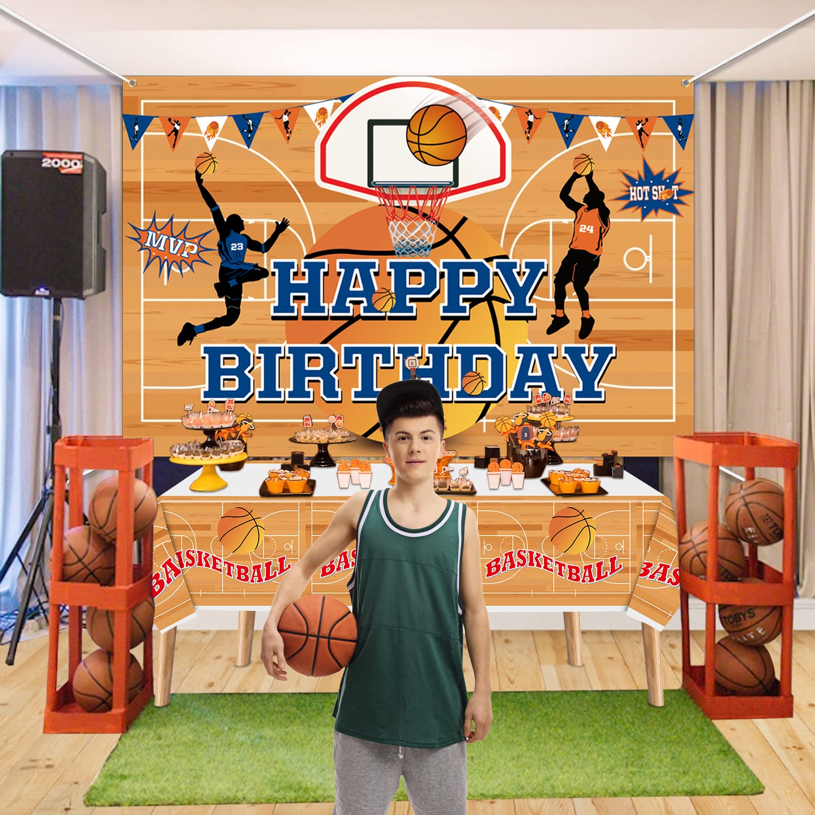 Sfondo di Pallacanestro e Copritavolo, Tema di Pallacanestro Buon Compleanno Sfondo e Modello di Pallacanestro Tovaglia per Ragazzi, Bambini, Appassionati di Pallacanestro
