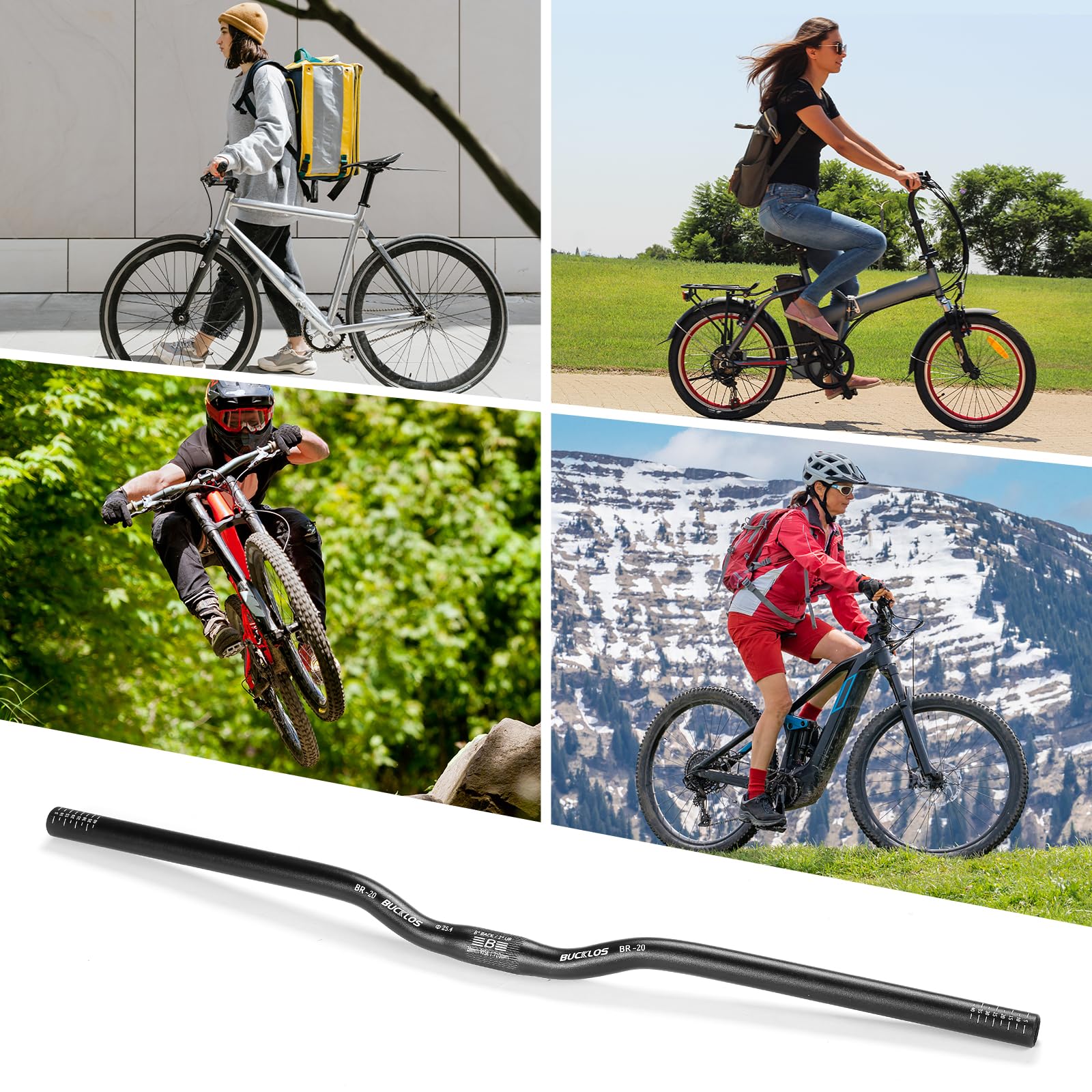 Guidon de VTT 25,4 mm – 20/40/60/80/100 mm Rise en alliage d'aluminium – 720/620 mm extra long pour vélo électrique, vélo pliable et course de descente