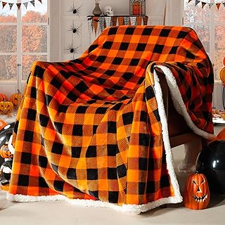 BEAUTEX Halloween Sherpa Fleece Blanket Twin Size, Super Soft Warm Buffalo Plaid Plush Big Fall Blankets, Lightweight Cozy Fuzzy Blanket for Couch Sofa Bed Halloween Decor(Black Orange, 50" x 60")
