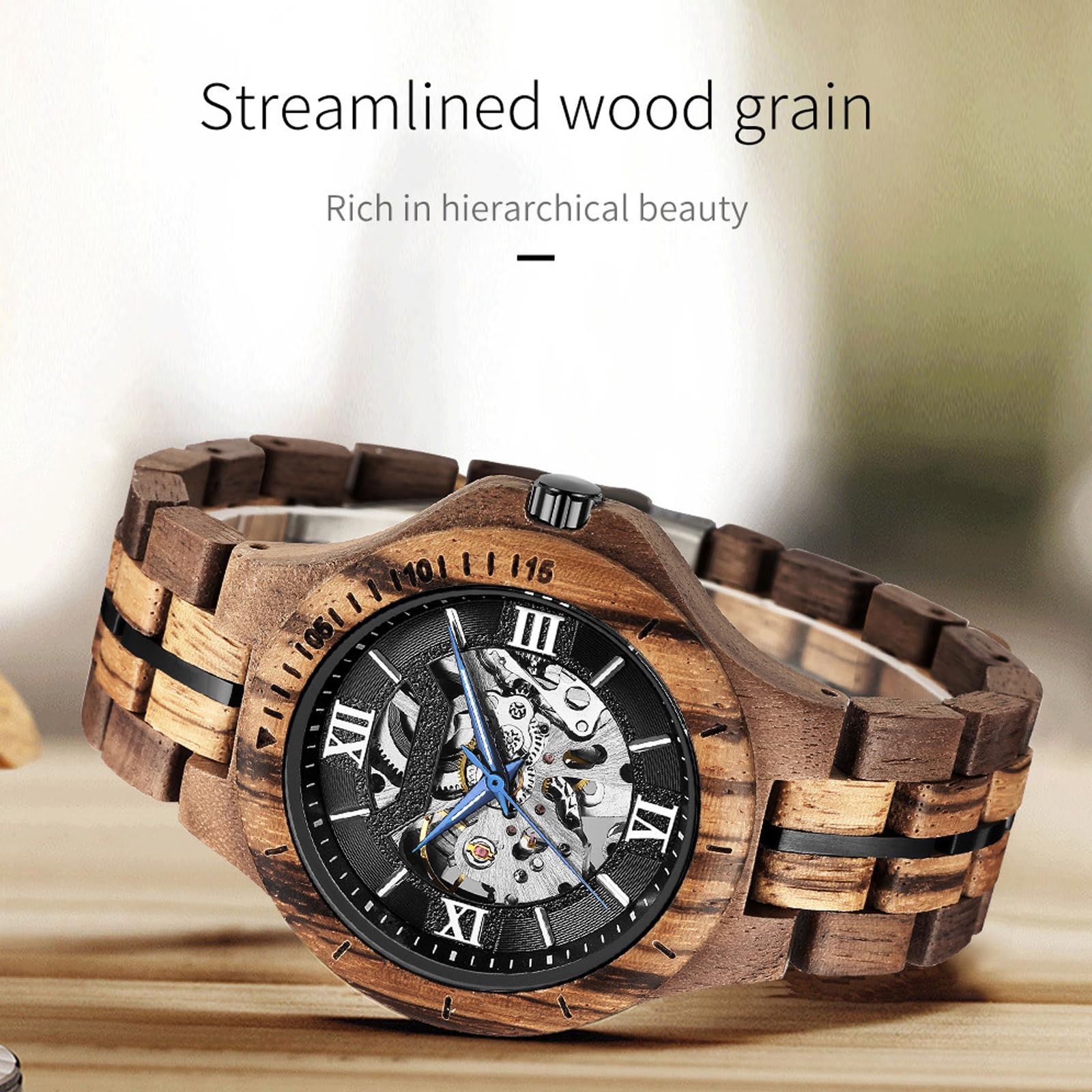 FORSINING Montre pour homme - Design classique - En bois - Automatique - Squelette - Montre mécanique lumineuse et étanche