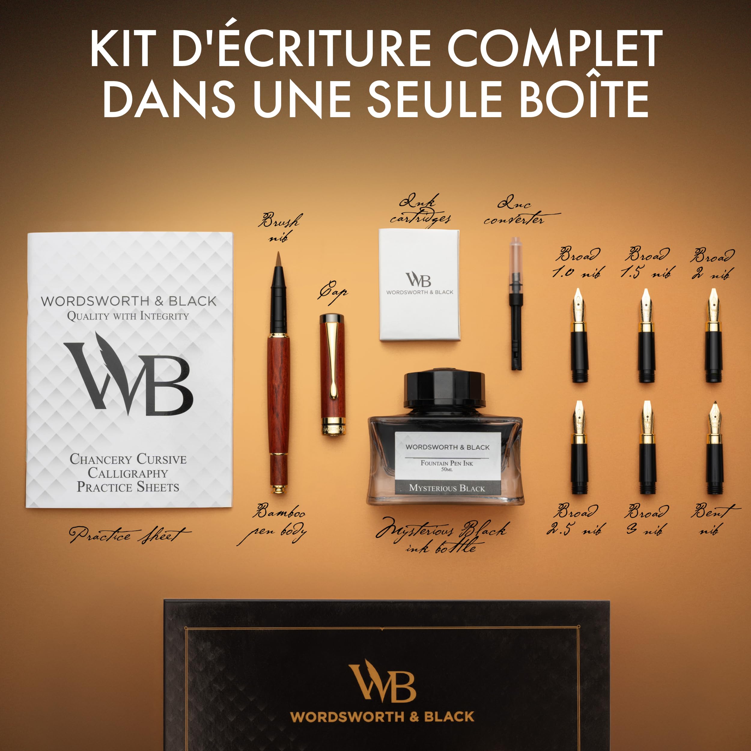 Wordsworth & Black Coffret Calligraphie en Bambou Rose, 6 Plumes | Flacon d'Encre, Cartouches, Convertisseur de Rechange, Cadeau Unisexe, Écriture Fluide, Journaling, Lettering