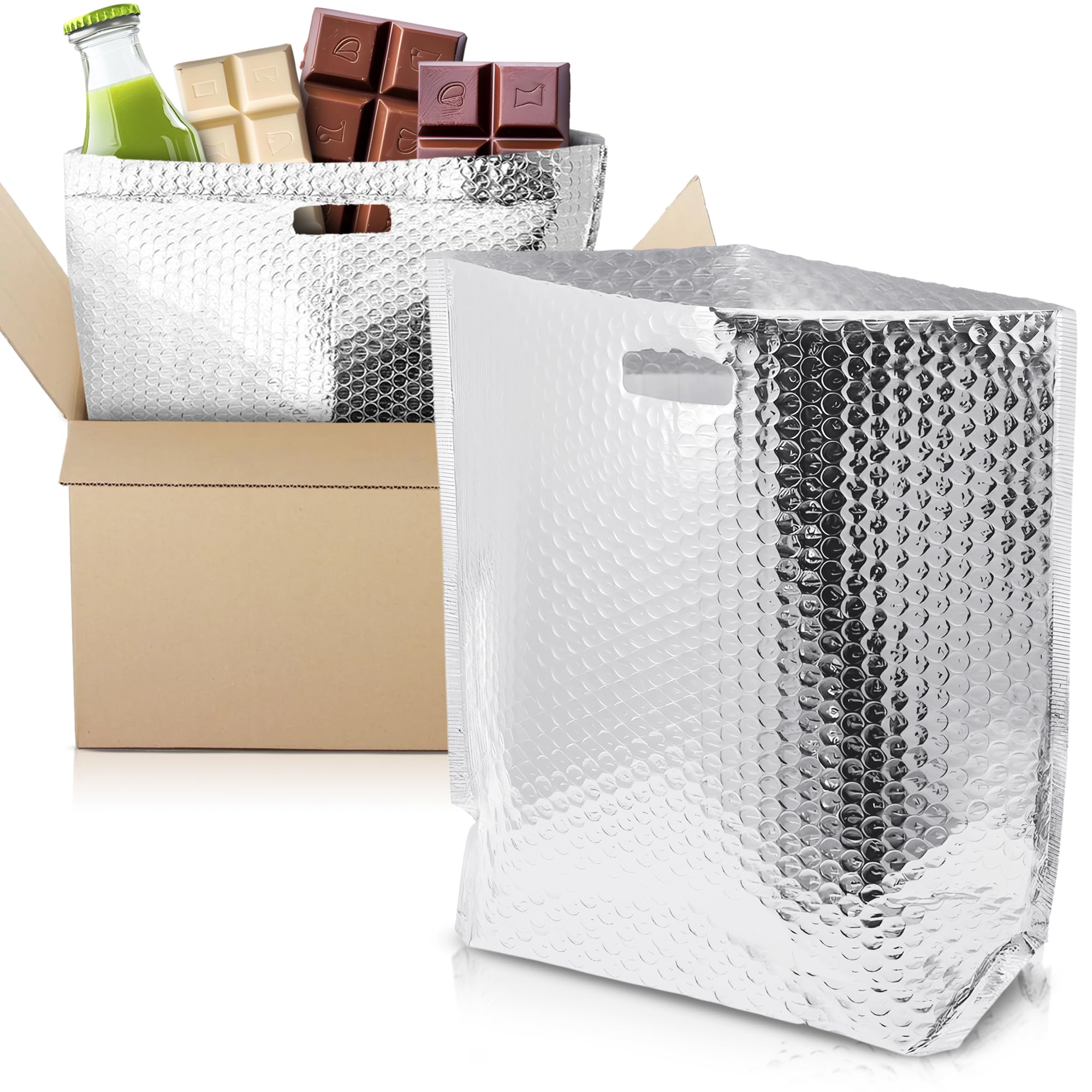 APQ Isolierte Folienbeutel mit Griffen, 20,3 x 20,3 x 20,3 cm, 10 Stück Thermobeutel für Tiefkühlkost, metallisierte Folie isolierte Boxeinlagen mit Blasenkissen, isolierte Versandtaschen für