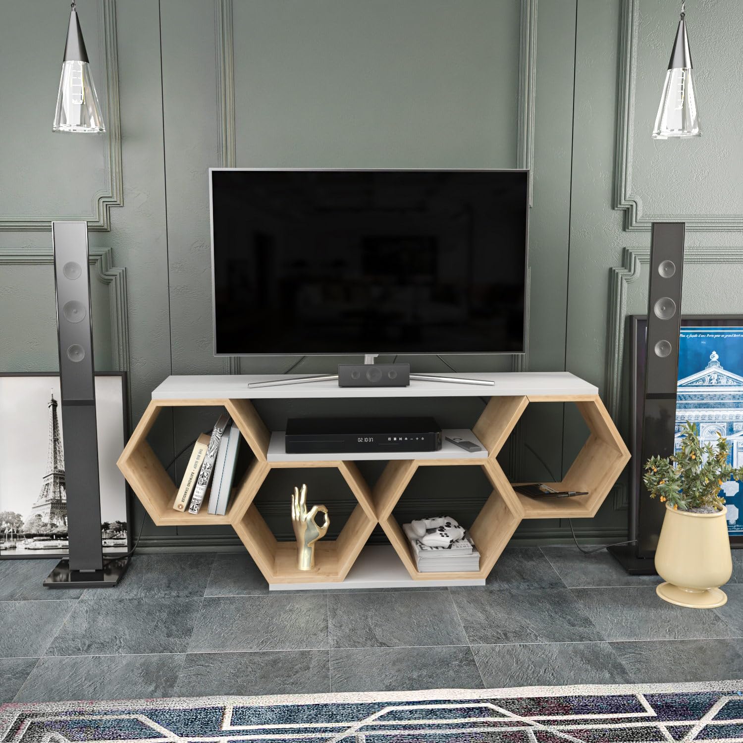 Meuble TV 140 cm blanc et Sonamo pour vos soirées cinéma en famille