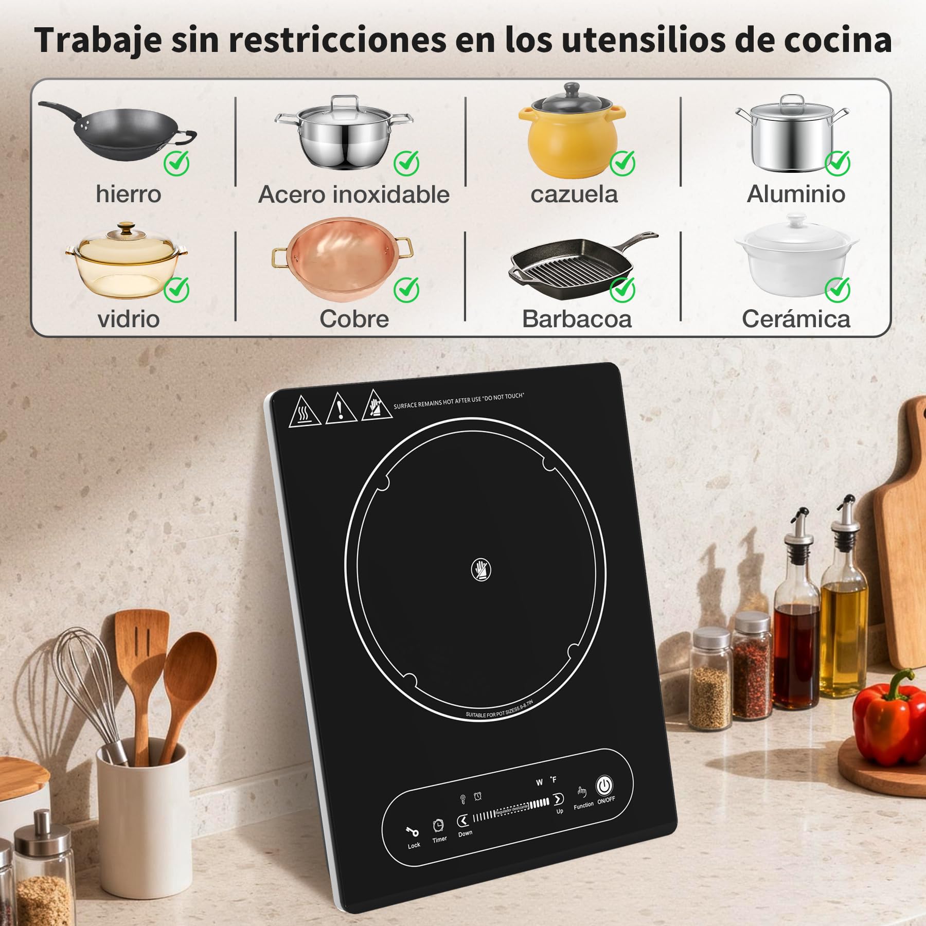 VBGK vitro portatil 1 fuego，220V 2000W placa vitroceramica con control táctil LED, 10 niveles de potencia, temporizador de 4 horas, bloqueo de seguridad y protección contra sobrecalentamiento.